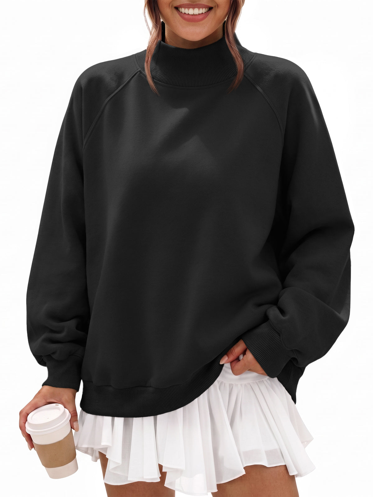Trendy Queen Women’s Mock Neck Oversized Sweatshirts with Pockets Fall Fashion Outfit, Fleece Winter Clothes, Travel Casual Work Top, Basic Lounge Pullover, Raglan Sleeve Top 2026