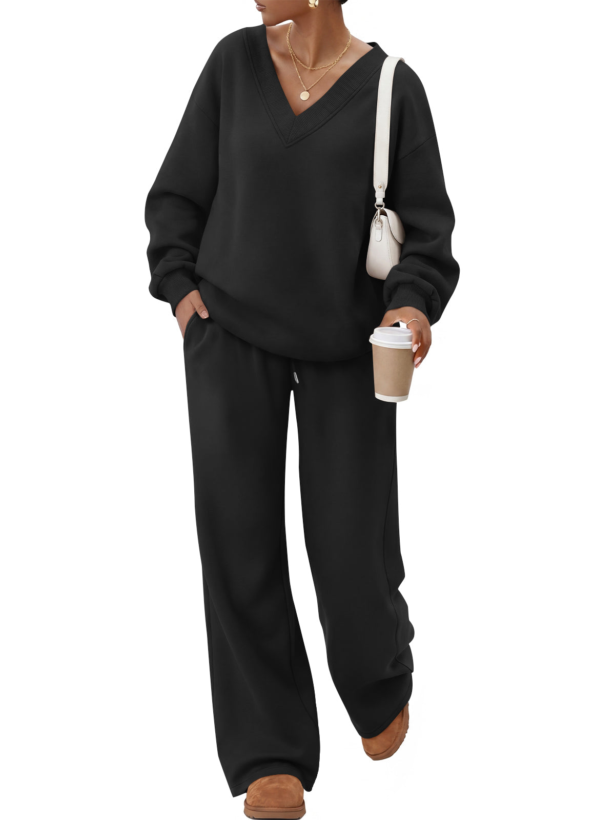 Trendy Queen Women's Sweatsuits 2 Piece Outfits Sweat Sets | Comfortable V Neck Sweatshirts,Wide Leg Sweatpants with Pockets,Fall and Winter Clothes