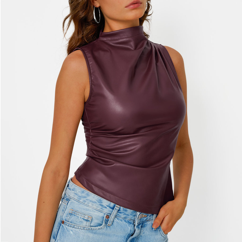 Trendy Queen Womens Leather Going Out Tops 2025 Asymmetrical Mock Neck Top Sexy Corset Club Outfits Slim Fit Tank