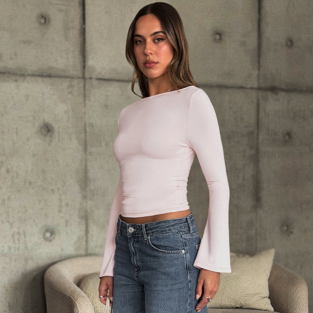 TRENDY QUEEN Women's 3-Piece Long Bell Sleeve Shirts Off-The-Shoulder Neckline Basic Crop Slim Fit Y2K Tops for Fall Fashion & Casual Outings