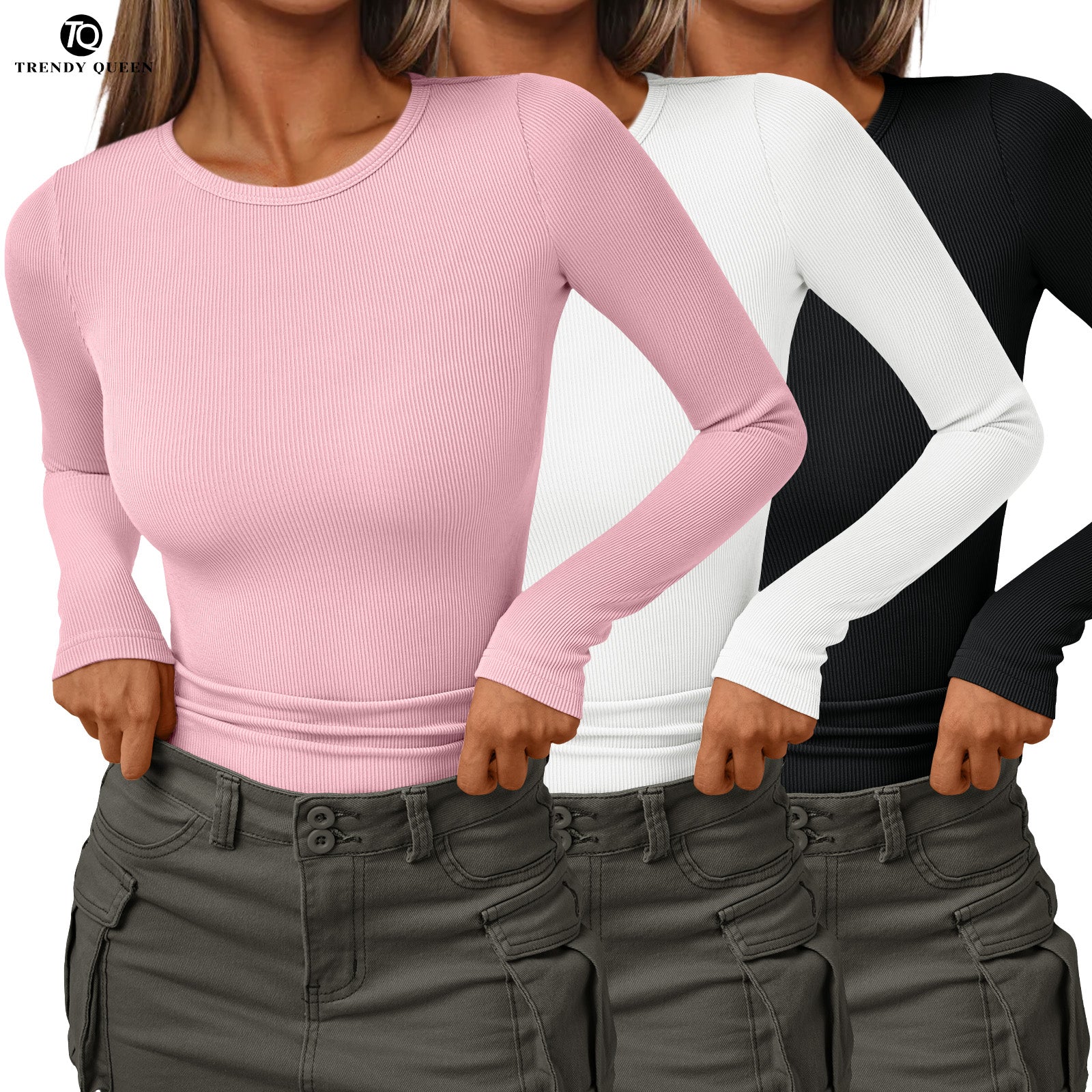AUTOMET Women's Ribbed Crew Neck Fitted Top - Basic Casual Tee