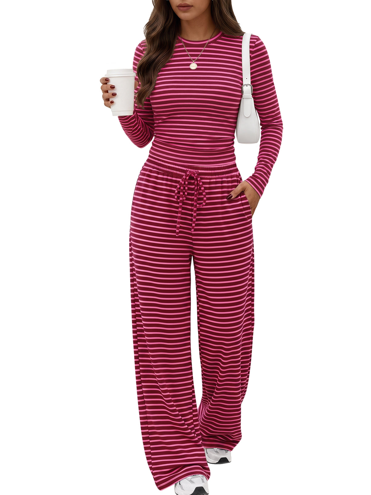 Trendy Queen Womens Striped Lounge Sets 2 Piece Matching 2026 Fall Outfits | Cute Loungewear Outfits, Crewneck Slim Top & Wide Leg Pants with Pockets, Comfy Casual Travel Clothes, Chic Airport Fashion