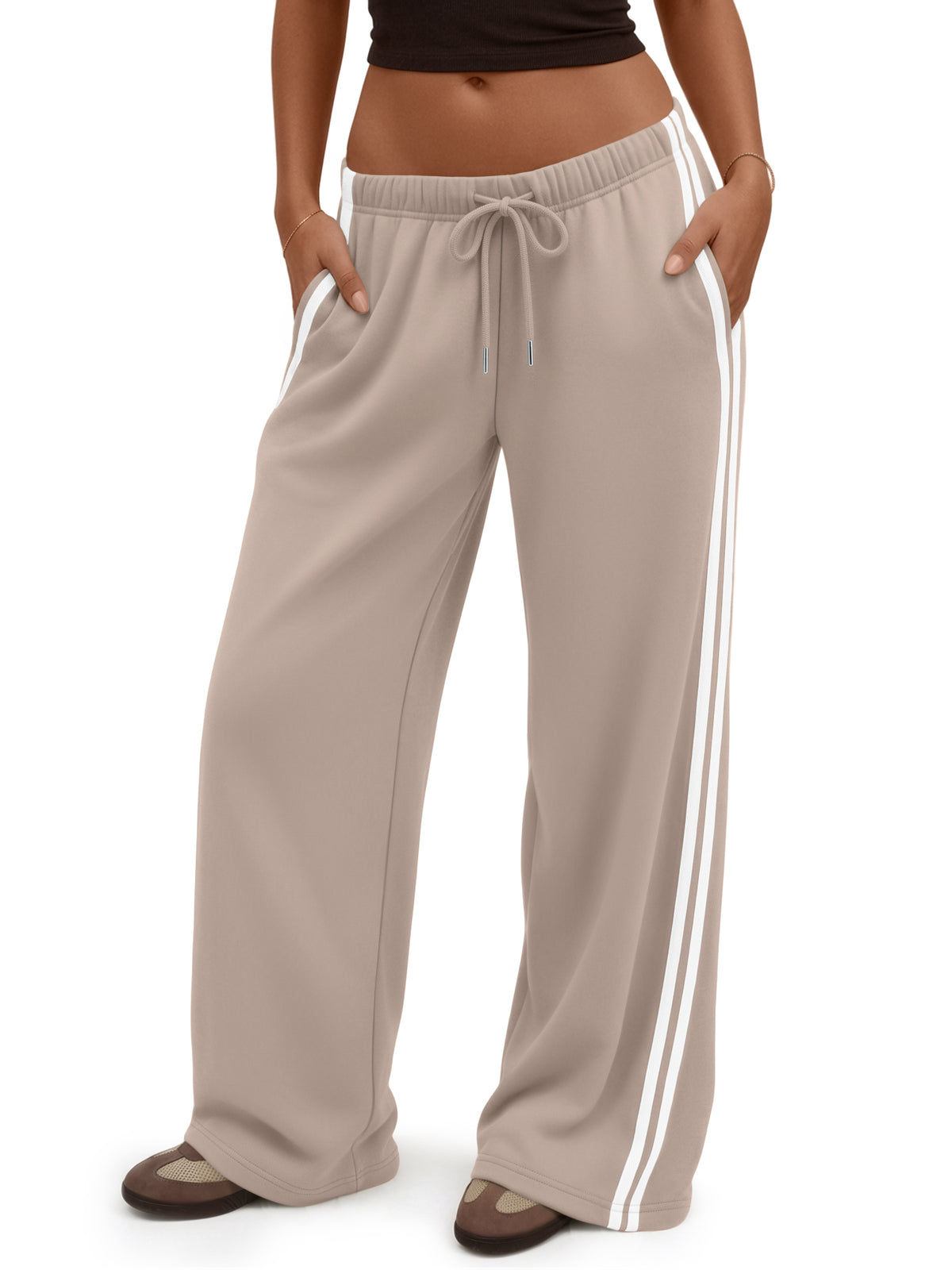 Trendy Queen Women's Wide Leg Sweatpants Side Stripe Fleece Lounge Pants Cozy Baggy Pants, Fall Fashion Outfits 2026, Cotton Blend Fabric, Soft Fleece Lining, Drawstring Elastic Waist, Side Pockets