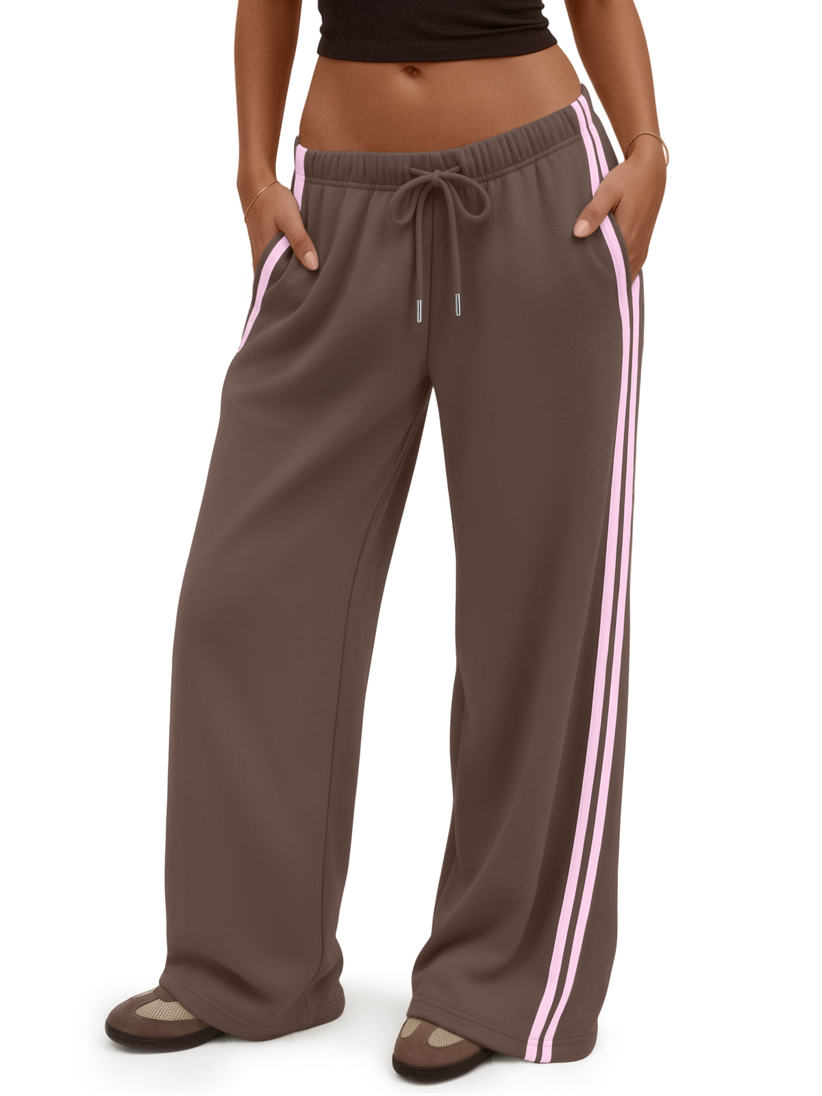 Trendy Queen Women's Wide Leg Sweatpants Side Stripe Fleece Lounge Pants Cozy Baggy Pants, Fall Fashion Outfits 2026, Cotton Blend Fabric, Soft Fleece Lining, Drawstring Elastic Waist, Side Pockets
