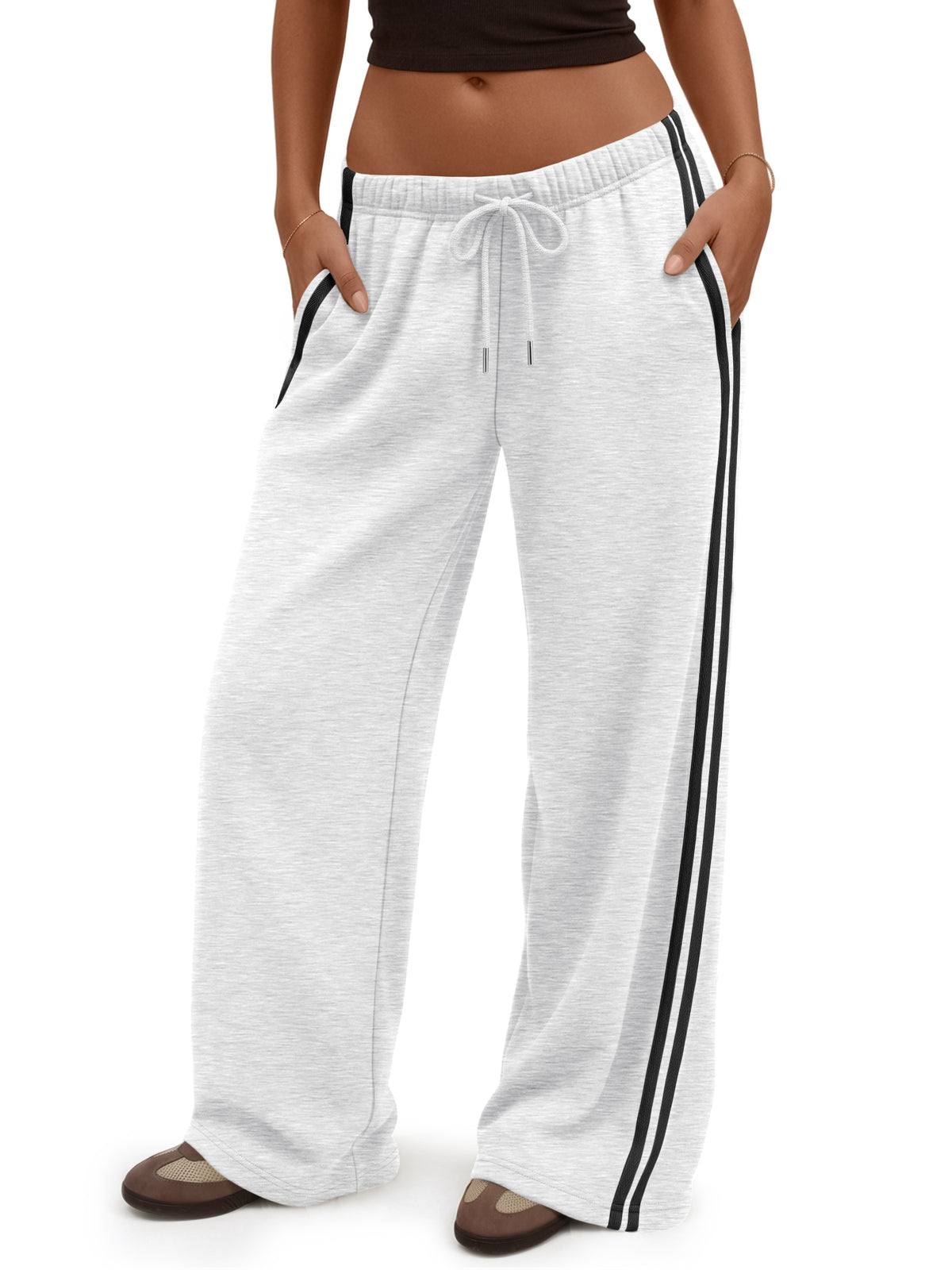 Trendy Queen Women's Wide Leg Sweatpants Side Stripe Fleece Lounge Pants Cozy Baggy Pants, Fall Fashion Outfits 2026, Cotton Blend Fabric, Soft Fleece Lining, Drawstring Elastic Waist, Side Pockets