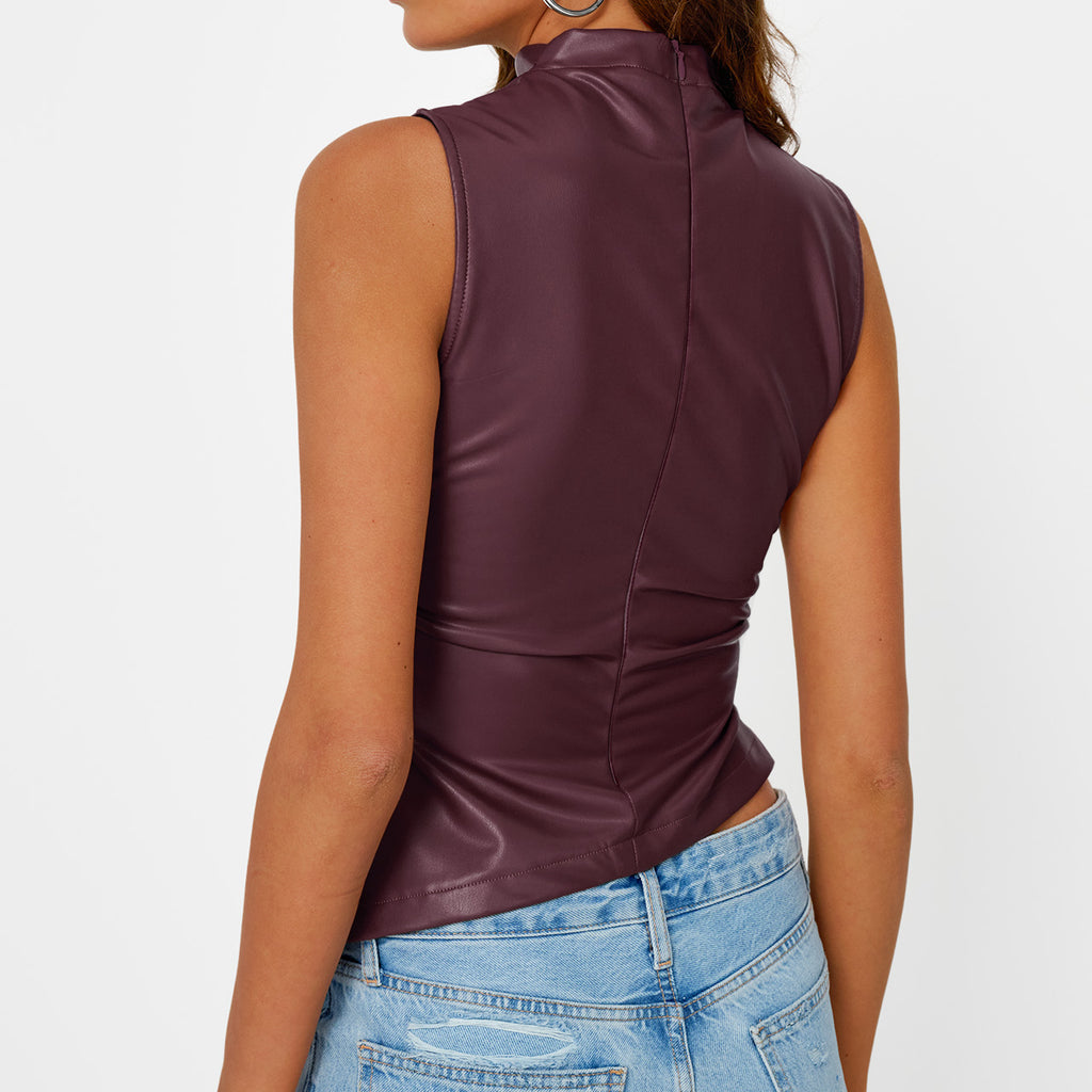 Trendy Queen Womens Leather Going Out Tops 2025 Asymmetrical Mock Neck Top Sexy Corset Club Outfits Slim Fit Tank