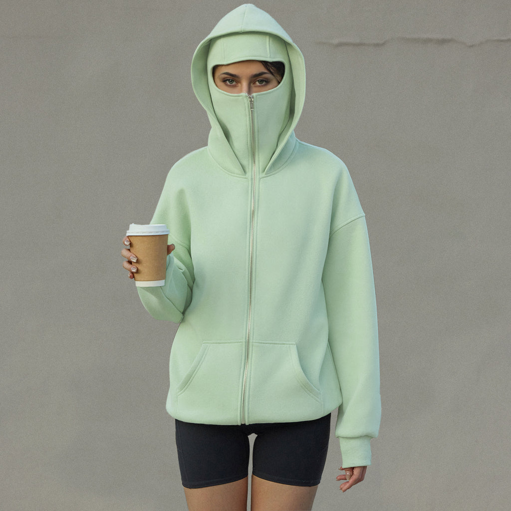 Trendy Queen Women's Stylish Balaclava Hoodie with Full-Face Mask - Casual Zip-Up Sweatshirt, Graphic Design, Perfect for Outdoor Activities| Fashionforward Hoodie | Durable Fabric Hoodie Tops Womenswear