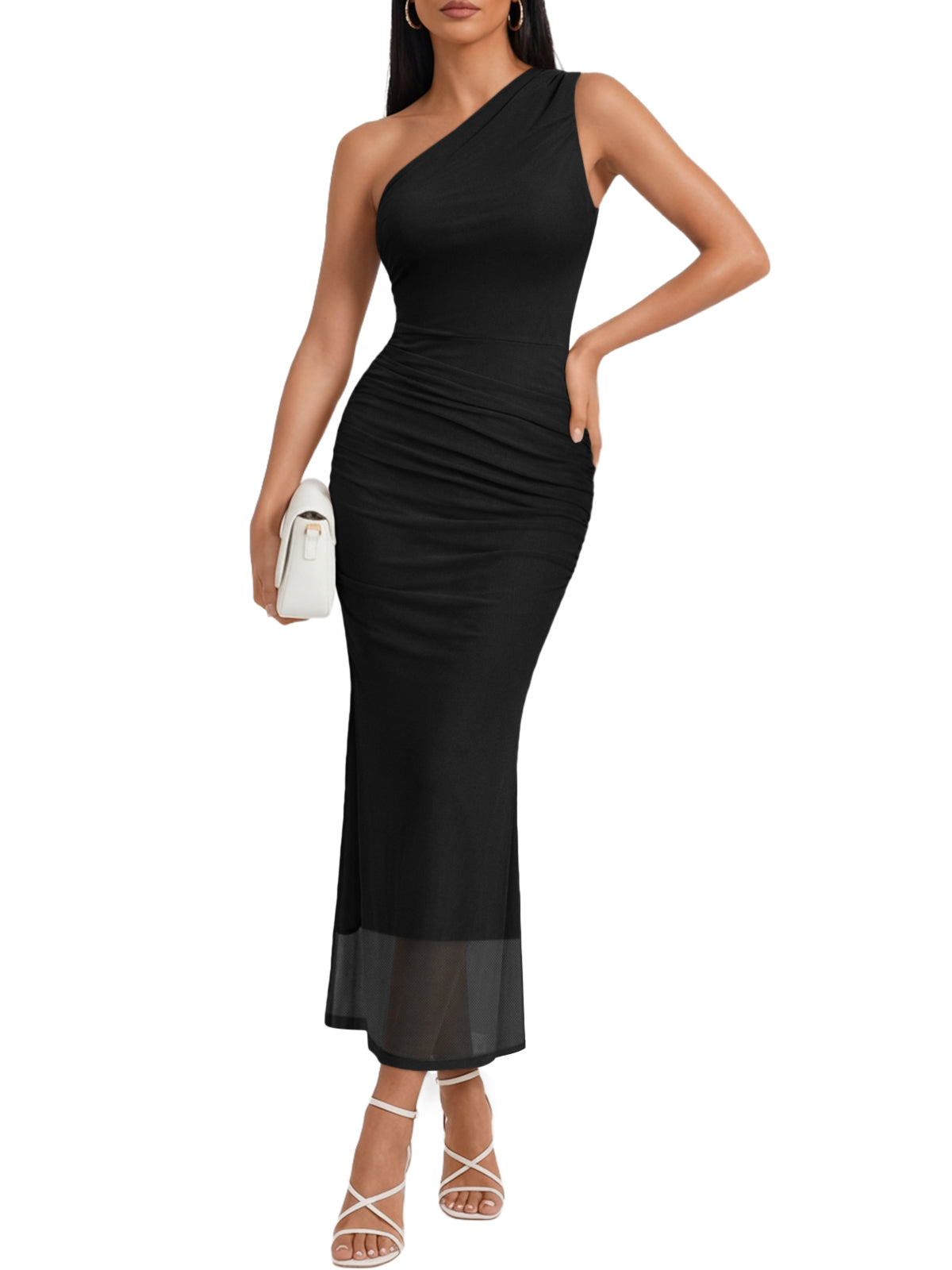Trendy Queen One Shoulder Maxi Bodycon Mesh Ruched Dress with Side Slit Stretchy Soft Fit, Evening Party & Wedding Guest Outfits, Formal Cocktail & Date Night Clothes, Vacation Resort Wear