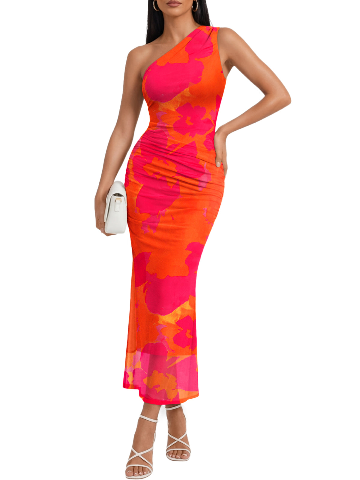 Trendy Queen One Shoulder Maxi Bodycon Mesh Ruched Dress with Side Slit Stretchy Soft Fit, Evening Party & Wedding Guest Outfits, Formal Cocktail & Date Night Clothes, Vacation Resort Wear