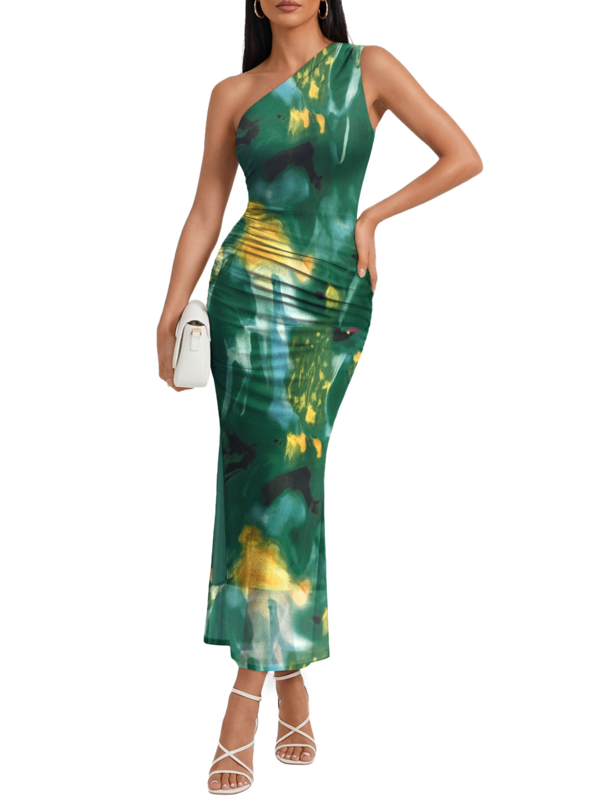 Trendy Queen One Shoulder Maxi Bodycon Mesh Ruched Dress with Side Slit Stretchy Soft Fit, Evening Party & Wedding Guest Outfits, Formal Cocktail & Date Night Clothes, Vacation Resort Wear