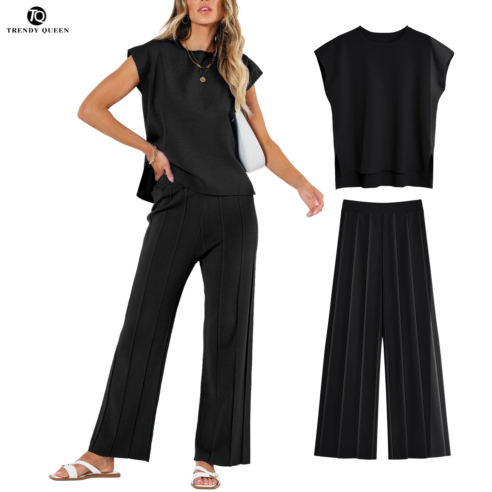 Trendy Queen 2 Piece Outfits for Women Lounge Matching Set Two Piece Knit Tracksuit Sweatsuits Top & Pants