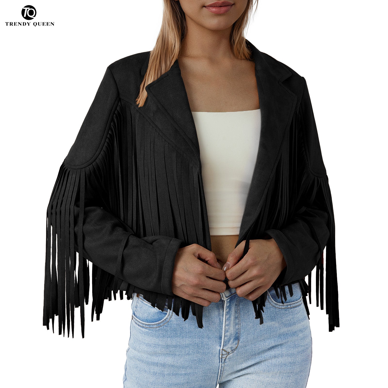 Trendy Queen Women's Fringe Faux Suede Leather Jackets Fall Fashion 2025 Tassel Motorcycle Cropped Coats Brown
