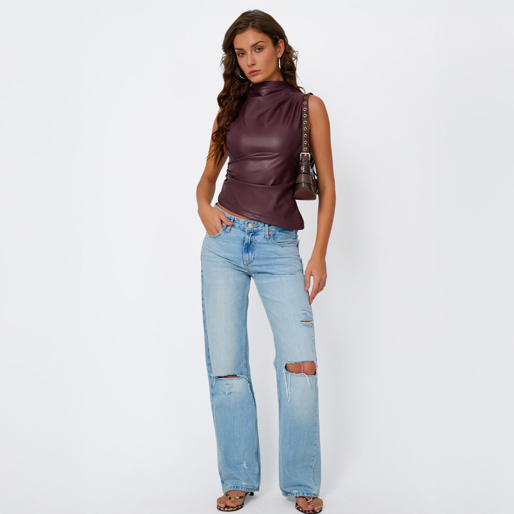 Trendy Queen Womens Leather Going Out Tops 2025 Asymmetrical Mock Neck Top Sexy Corset Club Outfits Slim Fit Tank