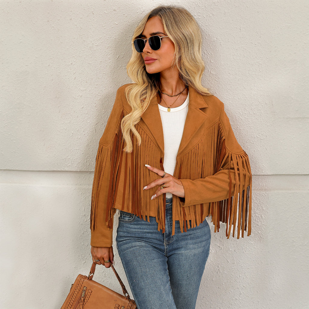 Trendy Queen Women's Fringe Faux Suede Leather Jackets Fall Fashion 2025 Tassel Motorcycle Cropped Coats Brown