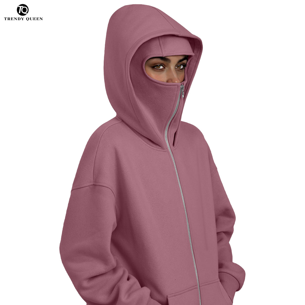 Trendy Queen Women's Stylish Balaclava Hoodie with Full-Face Mask - Casual Zip-Up Sweatshirt, Graphic Design, Perfect for Outdoor Activities| Fashionforward Hoodie | Durable Fabric Hoodie Tops Womenswear