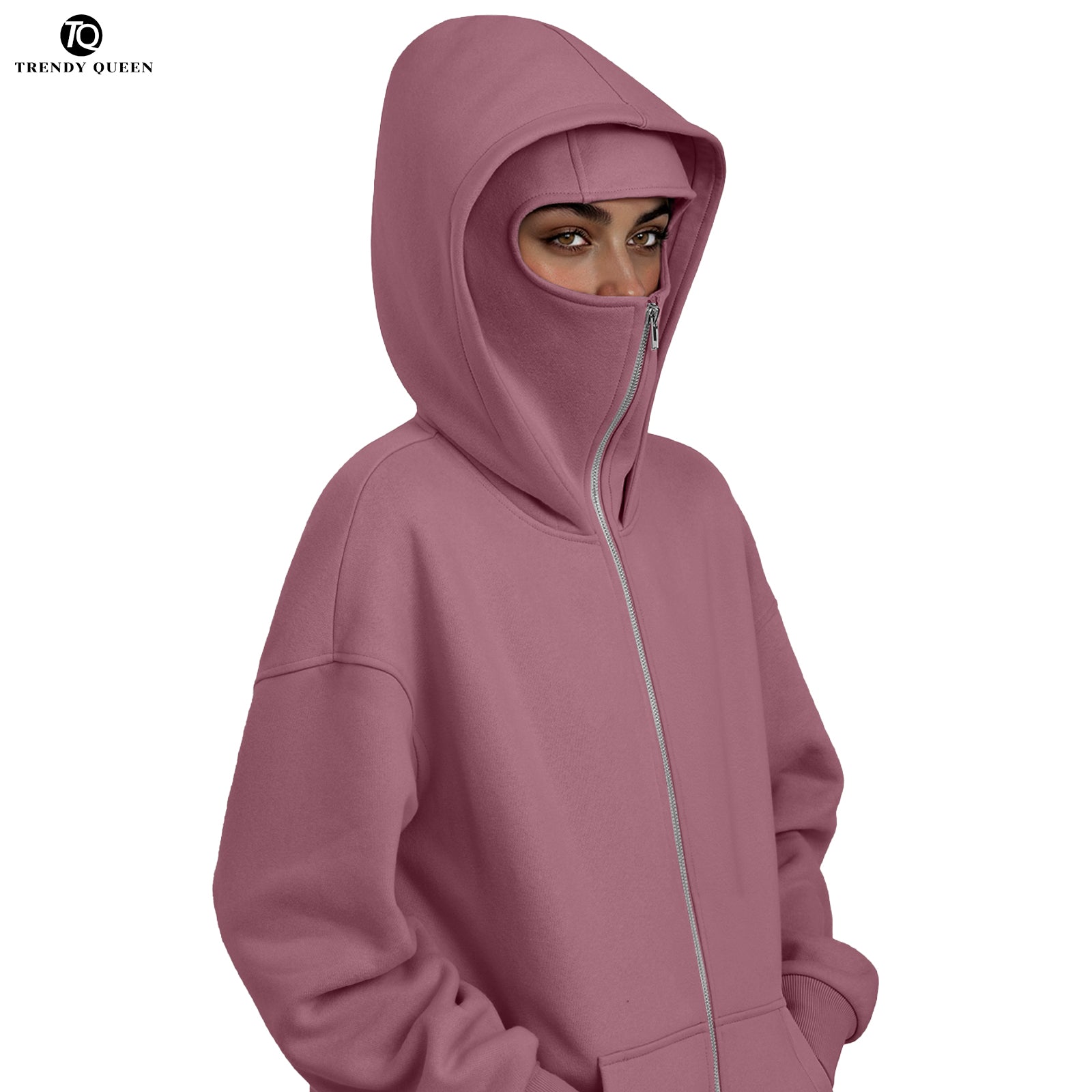 Trendy Queen Women's Stylish Balaclava Hoodie with Full-Face Mask - Casual Zip-Up Sweatshirt, Graphic Design, Perfect for Outdoor Activities| Fashionforward Hoodie | Durable Fabric Hoodie Tops Womenswear