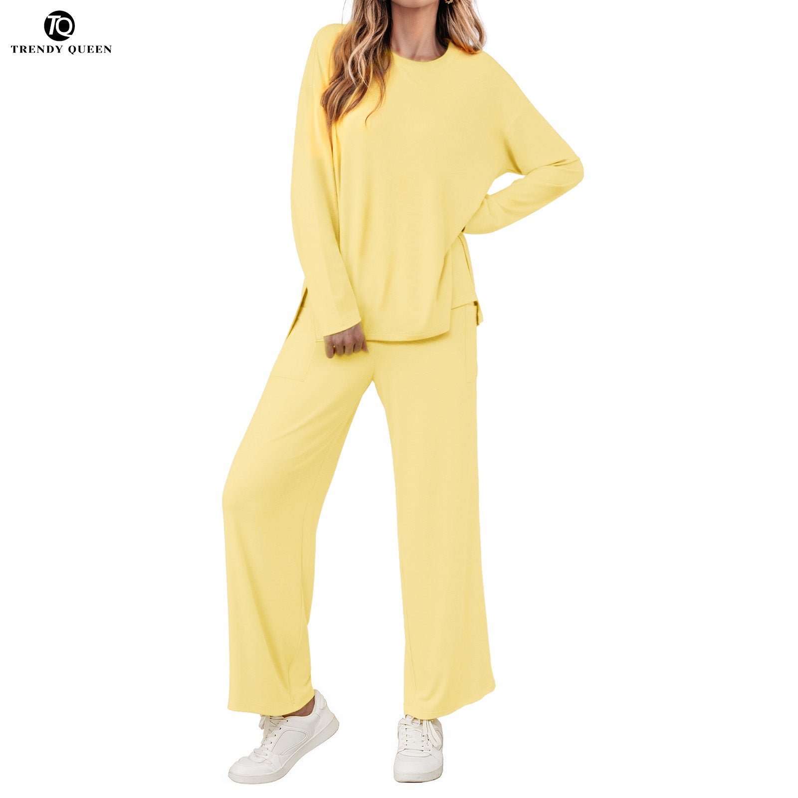 AUTOMET Women's Lounge Set with Side Slits | Oversized Long Sleeve Top & Pants