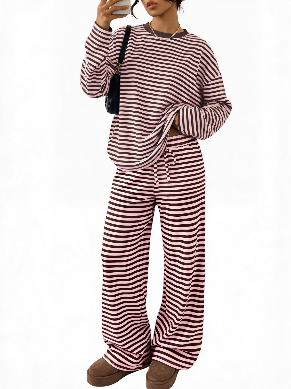 Trendy Queen Womens Striped Lounge 2 Two Piece Sets with Pockets Fall 2026 Oversized Top & Wide Leg Pants, Airport Travel Outfits, Y2k Cute Fashion, Casual Loungewear Sweatsuits
