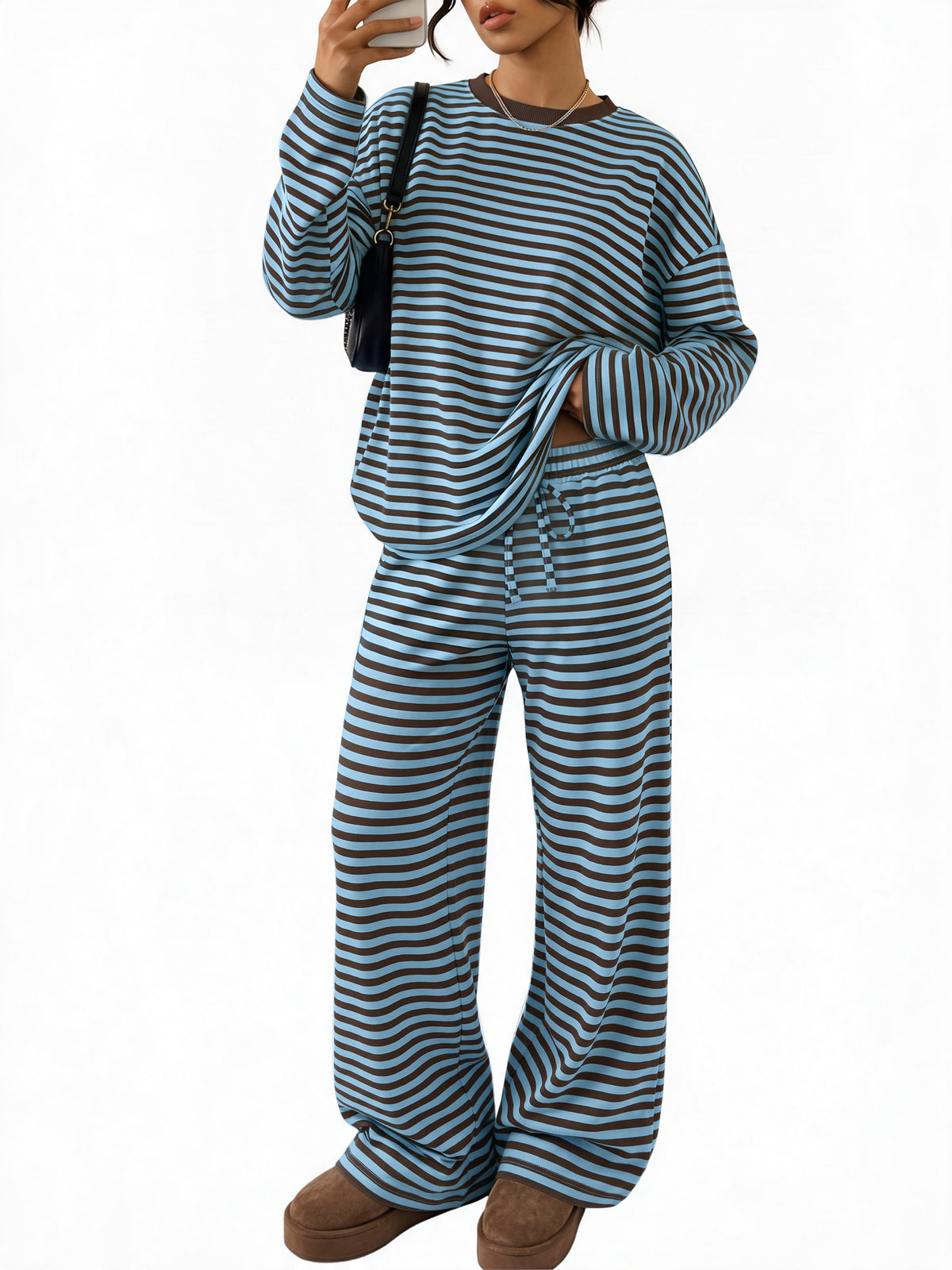 Trendy Queen Womens Striped Lounge 2 Two Piece Sets with Pockets Fall 2026 Oversized Top & Wide Leg Pants, Airport Travel Outfits, Y2k Cute Fashion, Casual Loungewear Sweatsuits