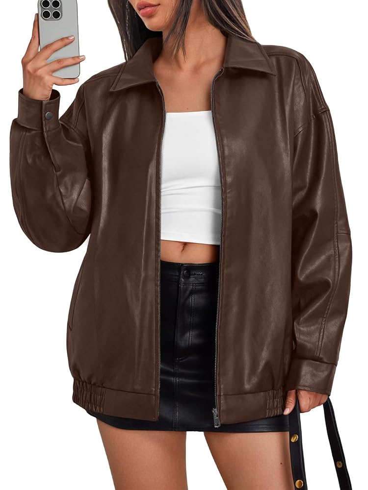Trendy Queen Womens Oversized Leather Jacket Moto Bomber Coat Fall&Winter Spring Jacket Boyfriend Fall Clothes Going Out Fashion Concert Party Coat Travel Airport Winter Outfits