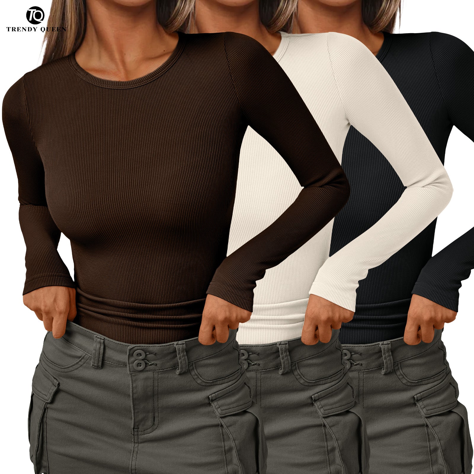 AUTOMET Women's Ribbed Crew Neck Fitted Top - Basic Casual Tee