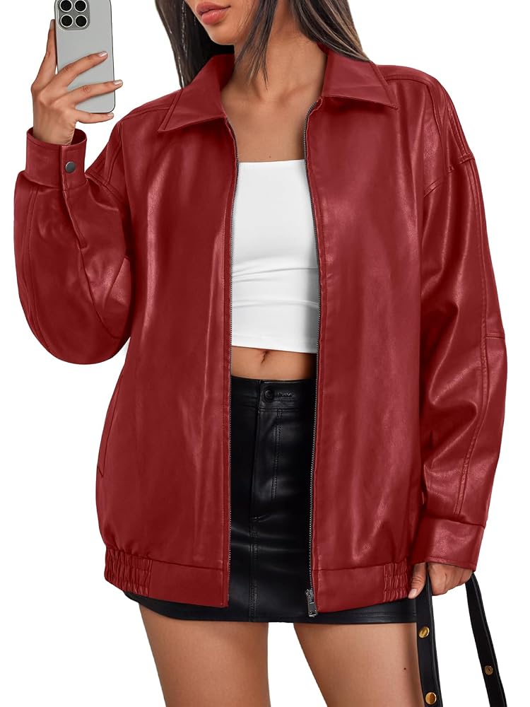 Trendy Queen Womens Oversized Leather Jacket Moto Bomber Coat Fall&Winter Spring Jacket Boyfriend Fall Clothes Going Out Fashion Concert Party Coat Travel Airport Winter Outfits