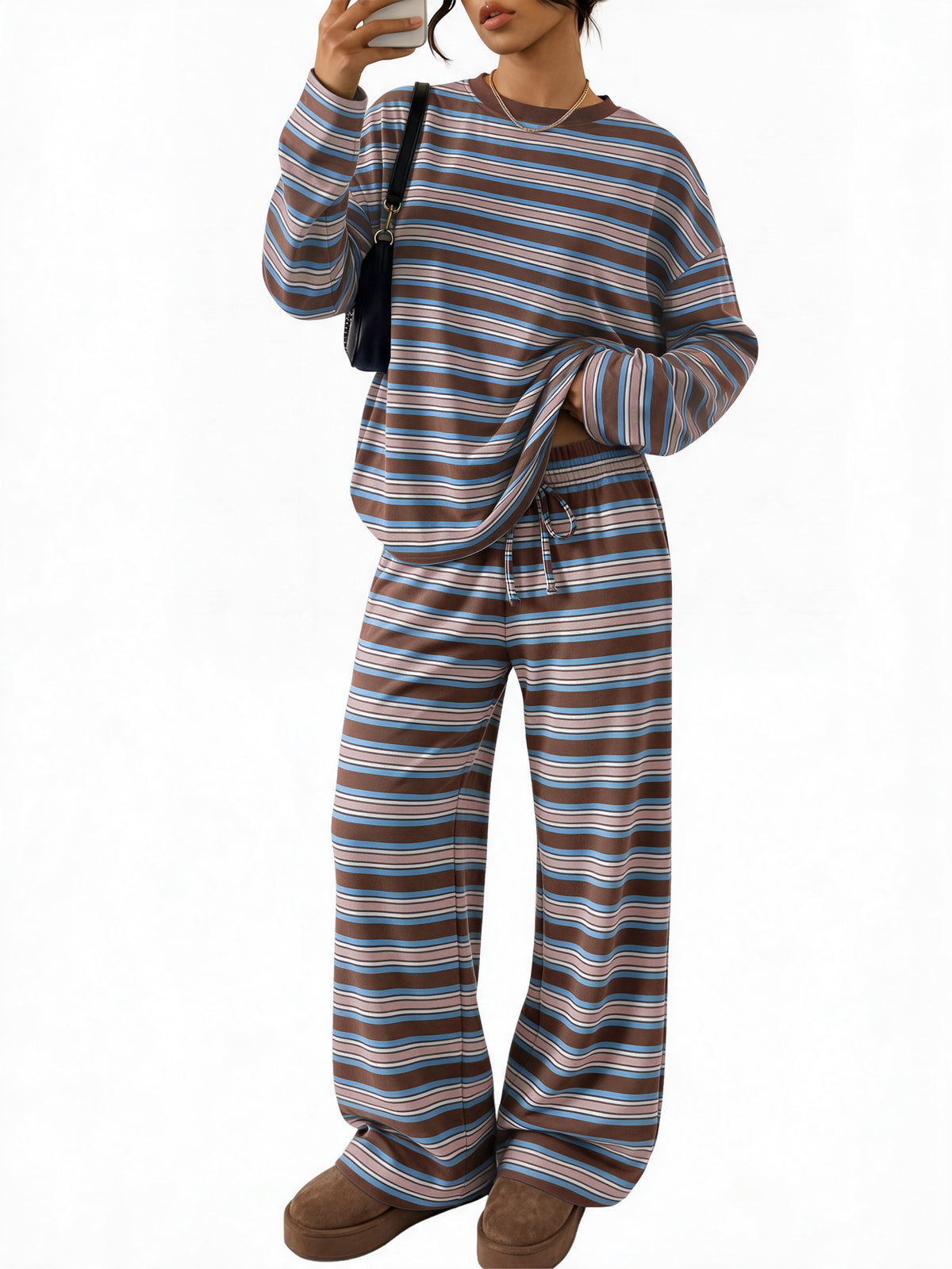 Trendy Queen Womens Striped Lounge 2 Two Piece Sets with Pockets Fall 2026 Oversized Top & Wide Leg Pants, Airport Travel Outfits, Y2k Cute Fashion, Casual Loungewear Sweatsuits