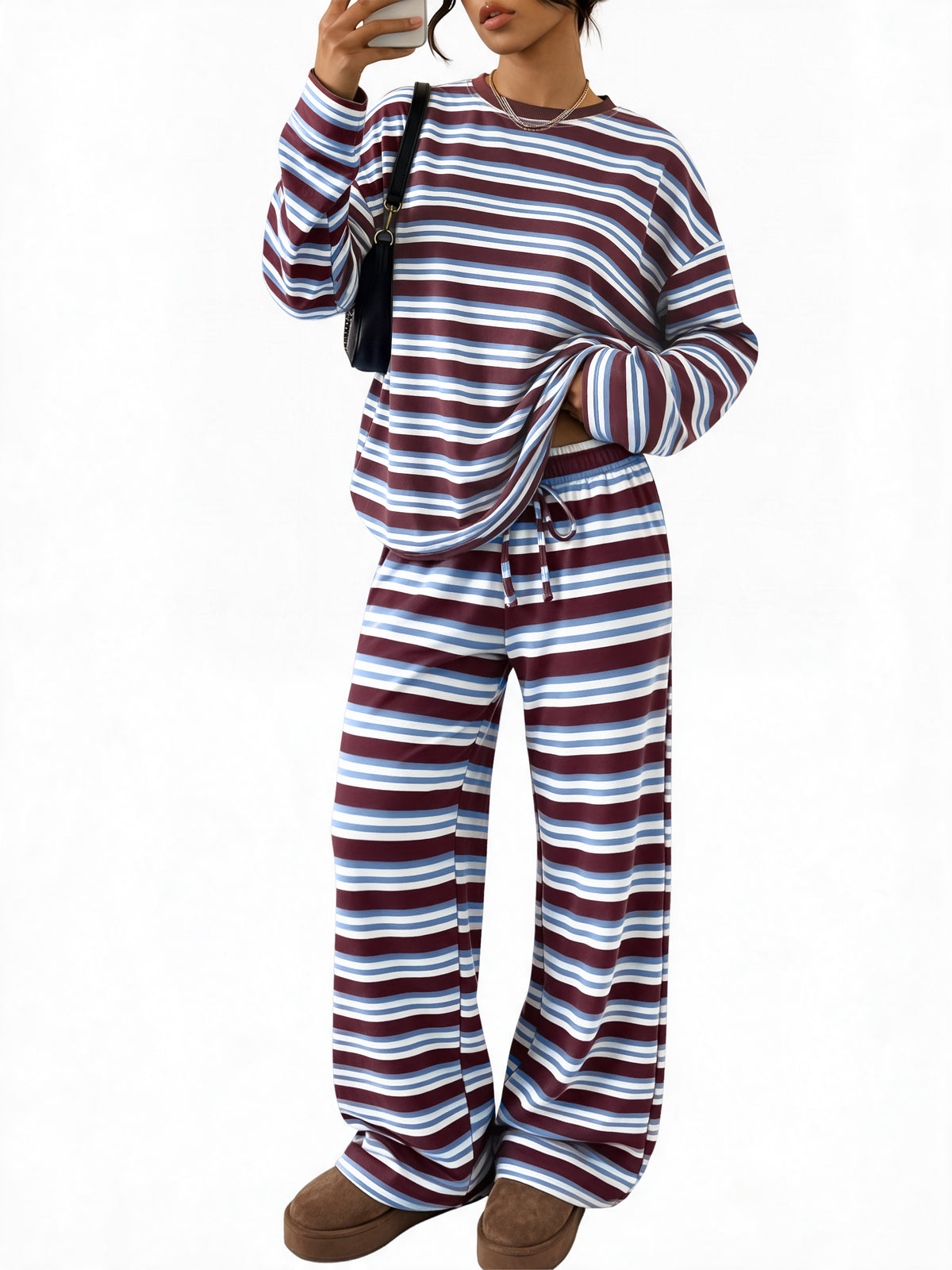 Trendy Queen Womens Striped Lounge 2 Two Piece Sets with Pockets Fall 2026 Oversized Top & Wide Leg Pants, Airport Travel Outfits, Y2k Cute Fashion, Casual Loungewear Sweatsuits