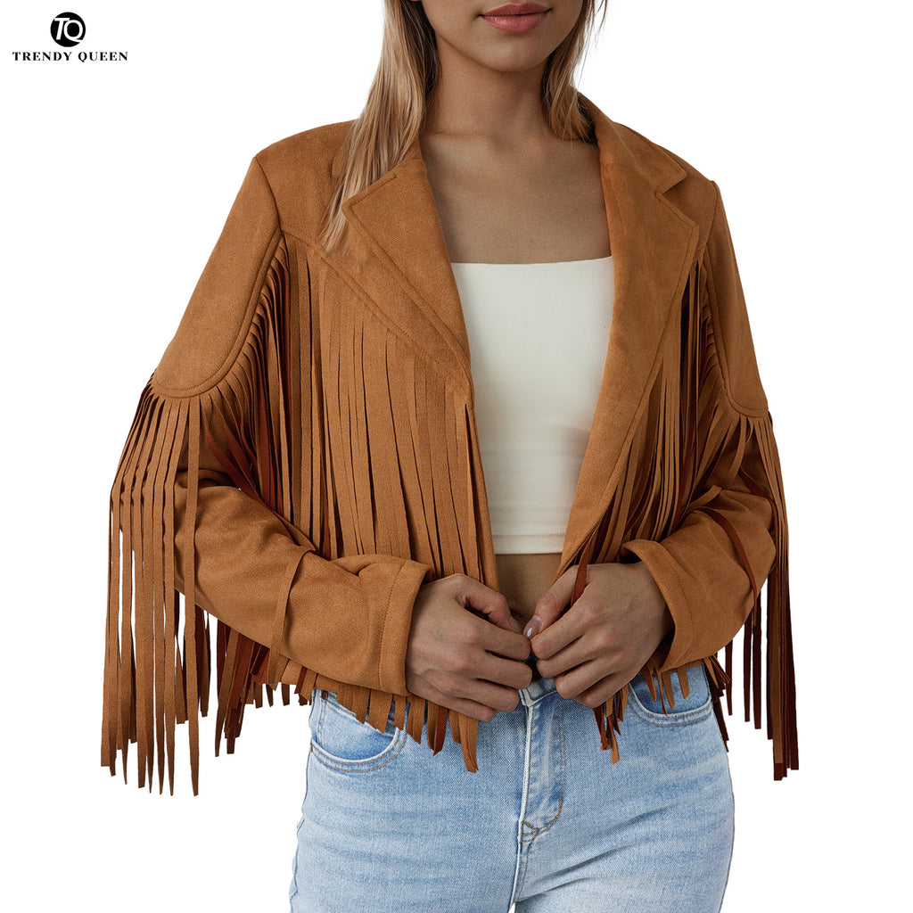Trendy Queen Women's Fringe Faux Suede Leather Jackets Fall Fashion 2025 Tassel Motorcycle Cropped Coats Brown