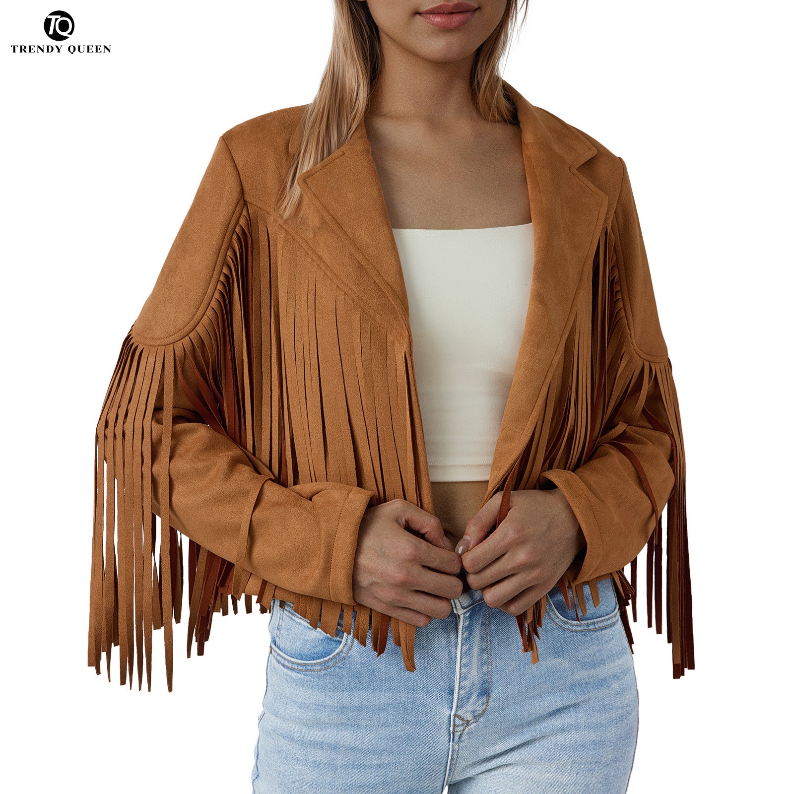 Trendy Queen Women's Fringe Faux Suede Leather Jackets Fall Fashion 2025 Tassel Motorcycle Cropped Coats Brown