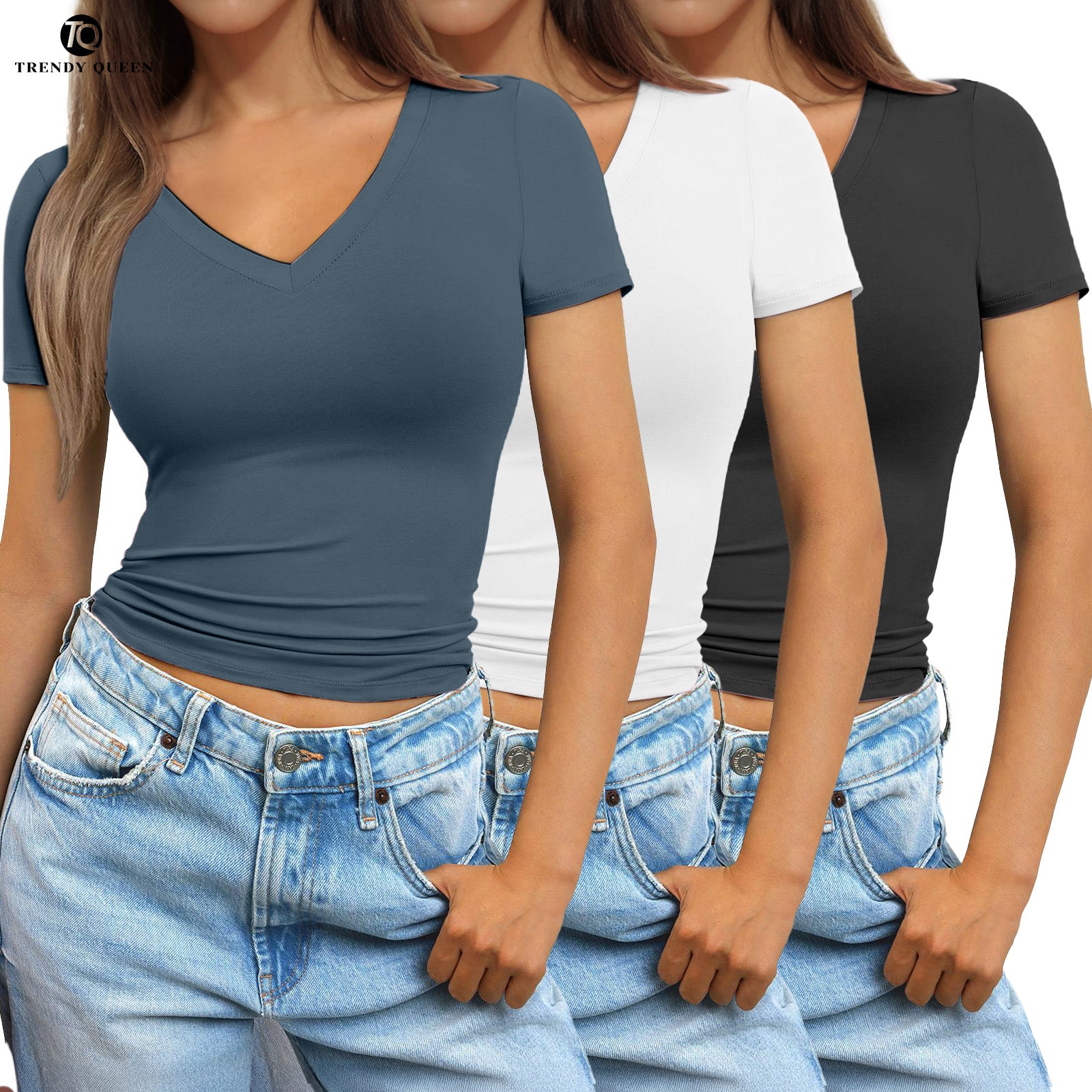 TrendyQueen Women‘s 3 Piece V Neck  Short Sleeve Shirts Basic Going Out Tops Slim Fit Crop Tops 2025 Y2k Clothes