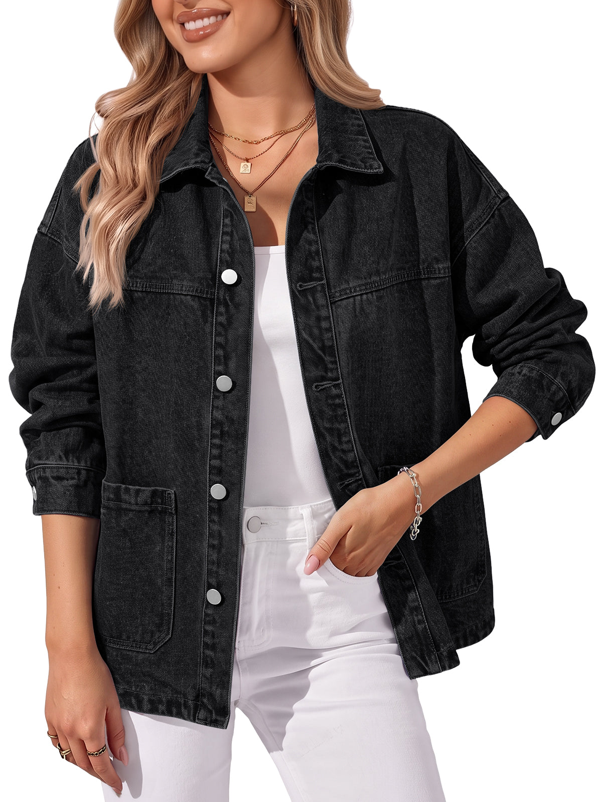 Trendy Queen Womens Oversized Jean Jacket Boyfriend Denim Shacket Outfits | Spread Collar, Button Down, Two Patch Pockets, Western Aesthetic, Casual Layering, Concert Wear, Fall Apparel