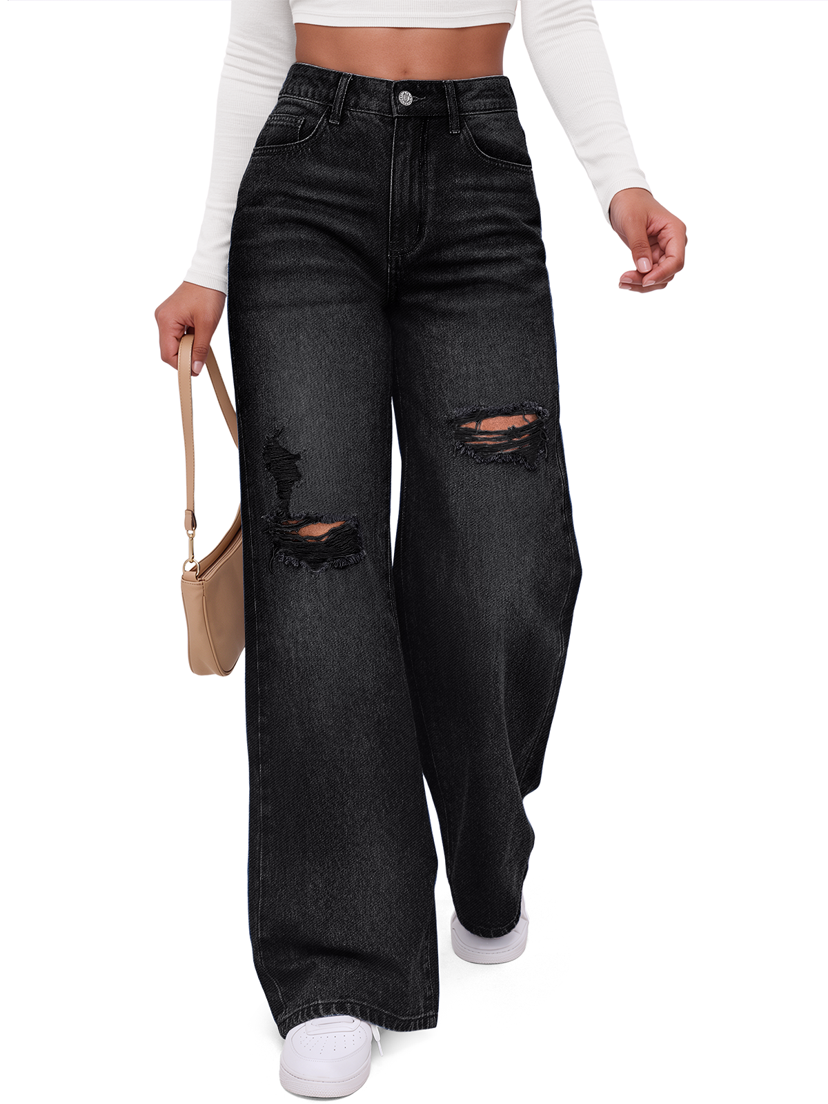 Trendy Queen Women's Wide Leg Ripped Jeans High Waisted Pants Denim Classic Jeans, Baggy Y2k Pants, Loose Fit Fashion Clothes, Straight Leg Soft Cotton Jeans