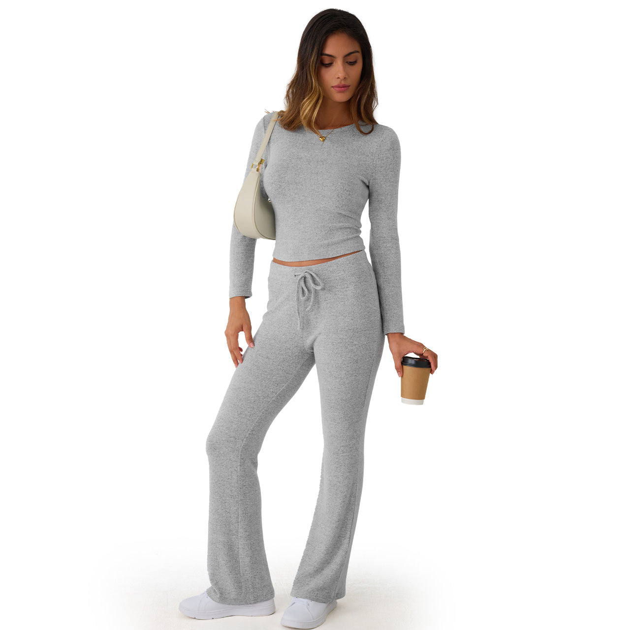 Trend Queen Women's Textured Mélange Set - Long Sleeve Top & Lounge Pants