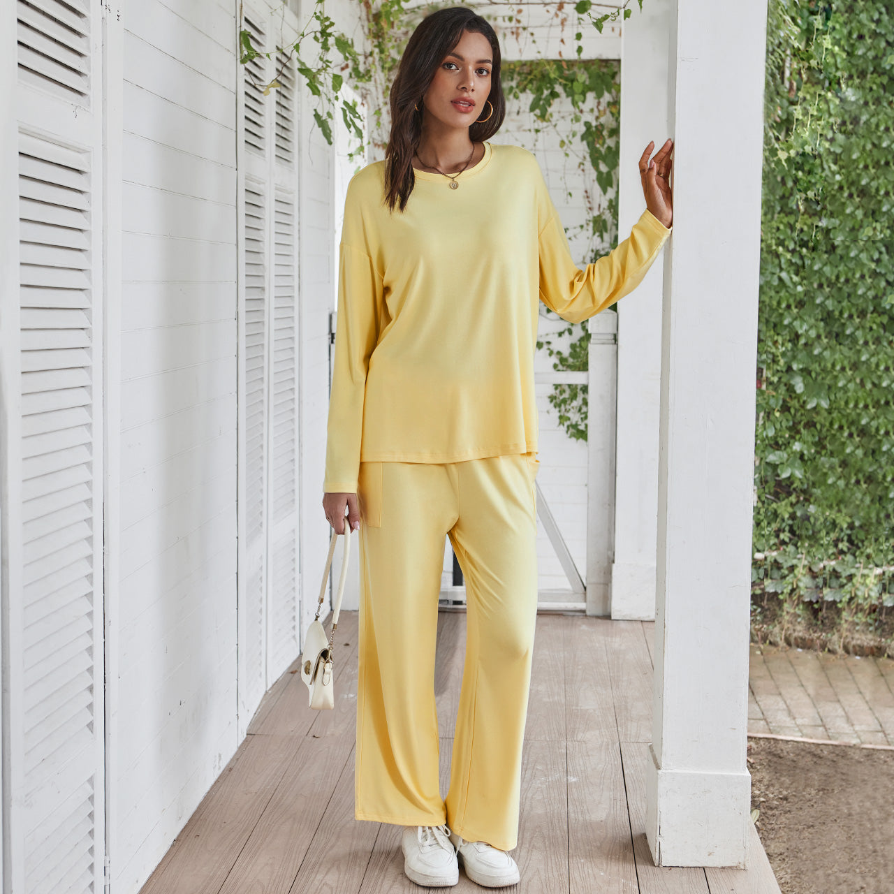 AUTOMET Women's Lounge Set with Side Slits | Oversized Long Sleeve Top & Pants