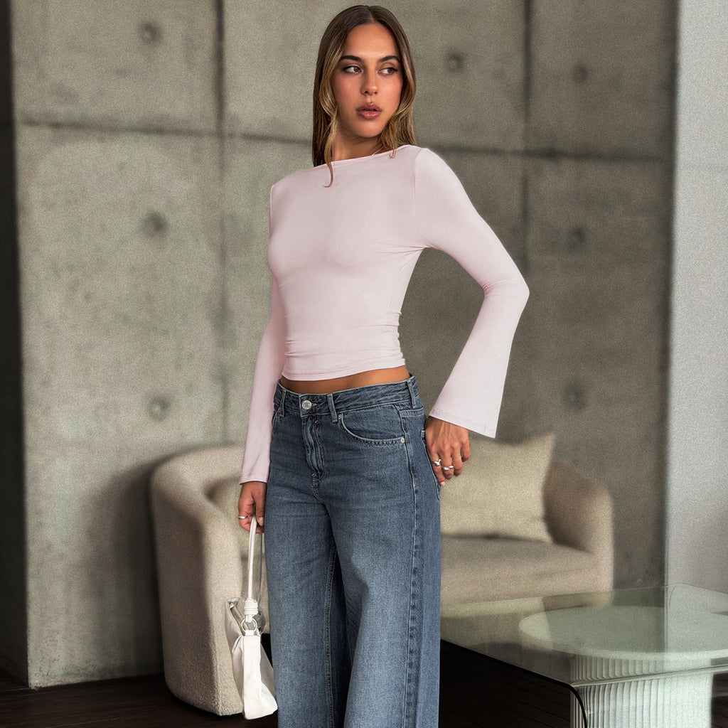 TRENDY QUEEN Women's 3-Piece Long Bell Sleeve Shirts Off-The-Shoulder Neckline Basic Crop Slim Fit Y2K Tops for Fall Fashion & Casual Outings