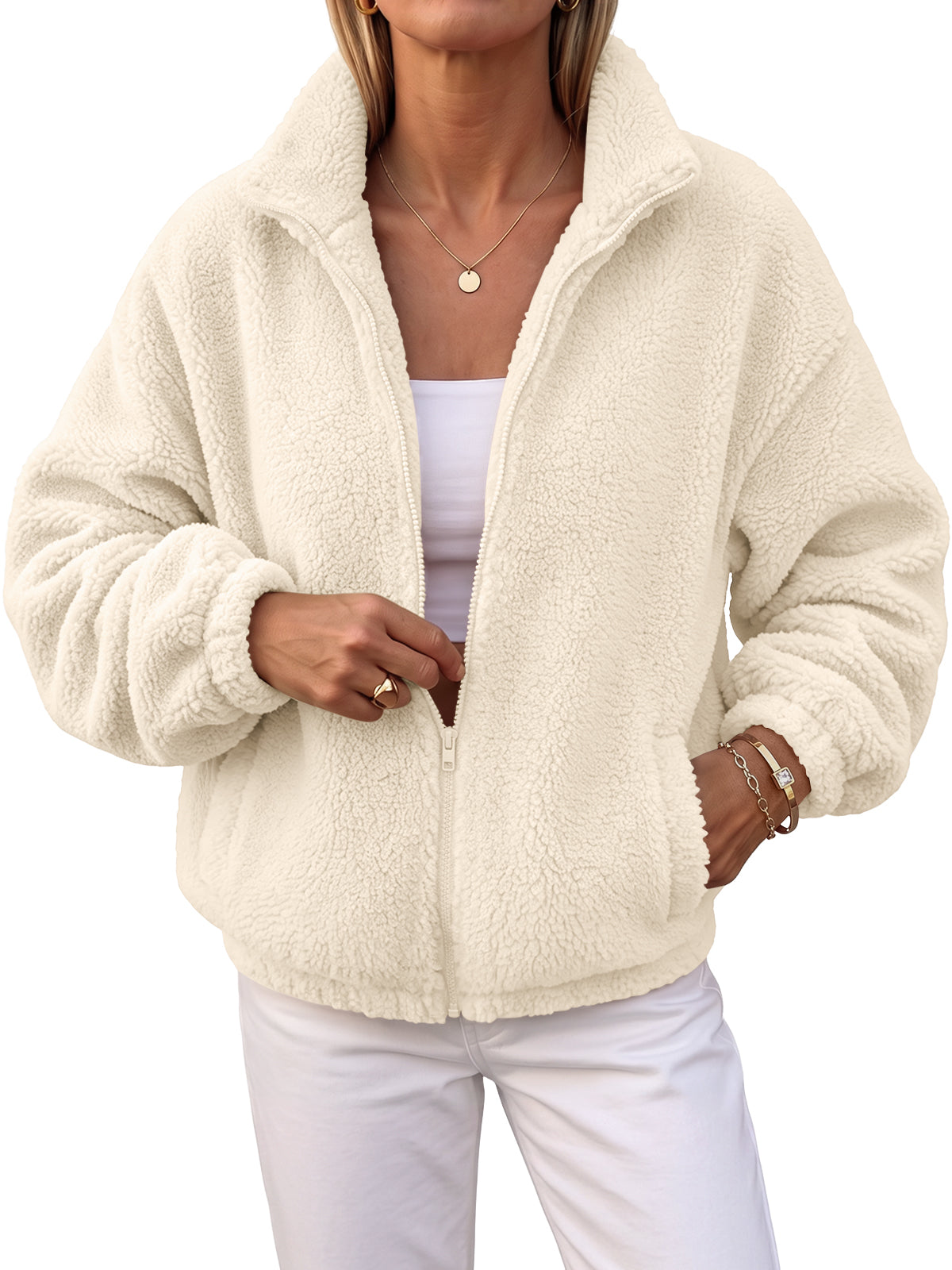Trendy Queen Womens Full Zip Sherpa Fleece Jacket Stand Collar Cozy Coat Full Zip Sweatshirts,Warm Outerwear,Fall Fashion Outfits 2026,Fuzzy Coats Travel Teddy Winter Clothes
