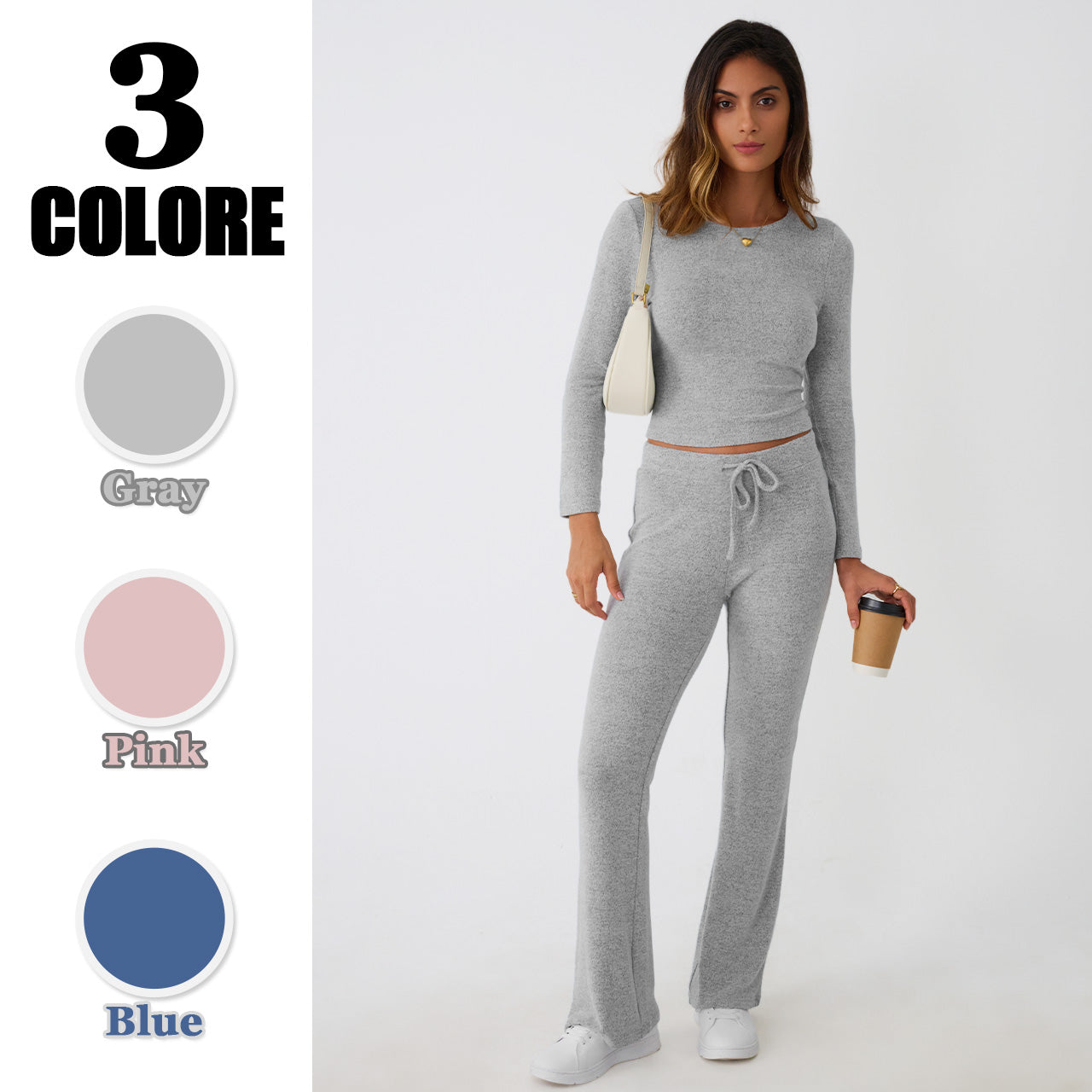 Trend Queen Women's Textured Mélange Set - Long Sleeve Top & Lounge Pants