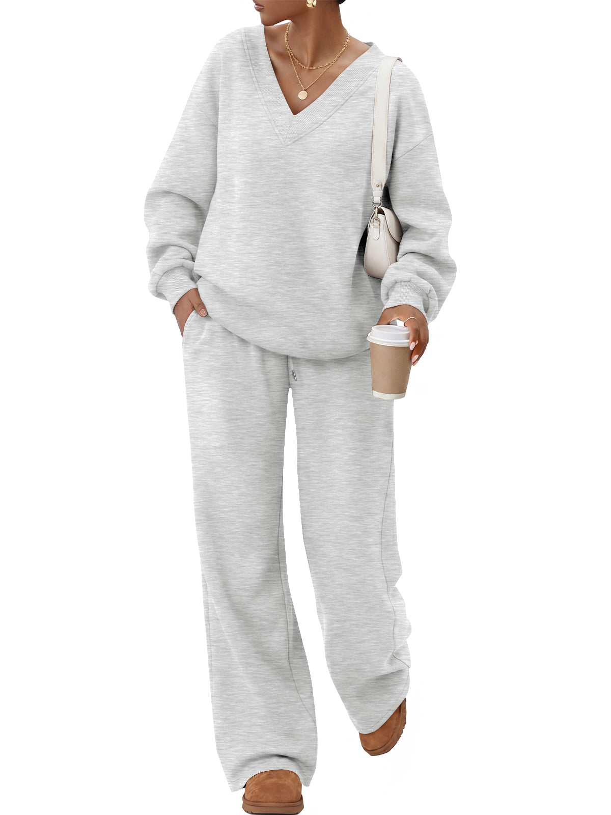 Trendy Queen Women's Sweatsuits 2 Piece Outfits Sweat Sets | Comfortable V Neck Sweatshirts,Wide Leg Sweatpants with Pockets,Fall and Winter Clothes