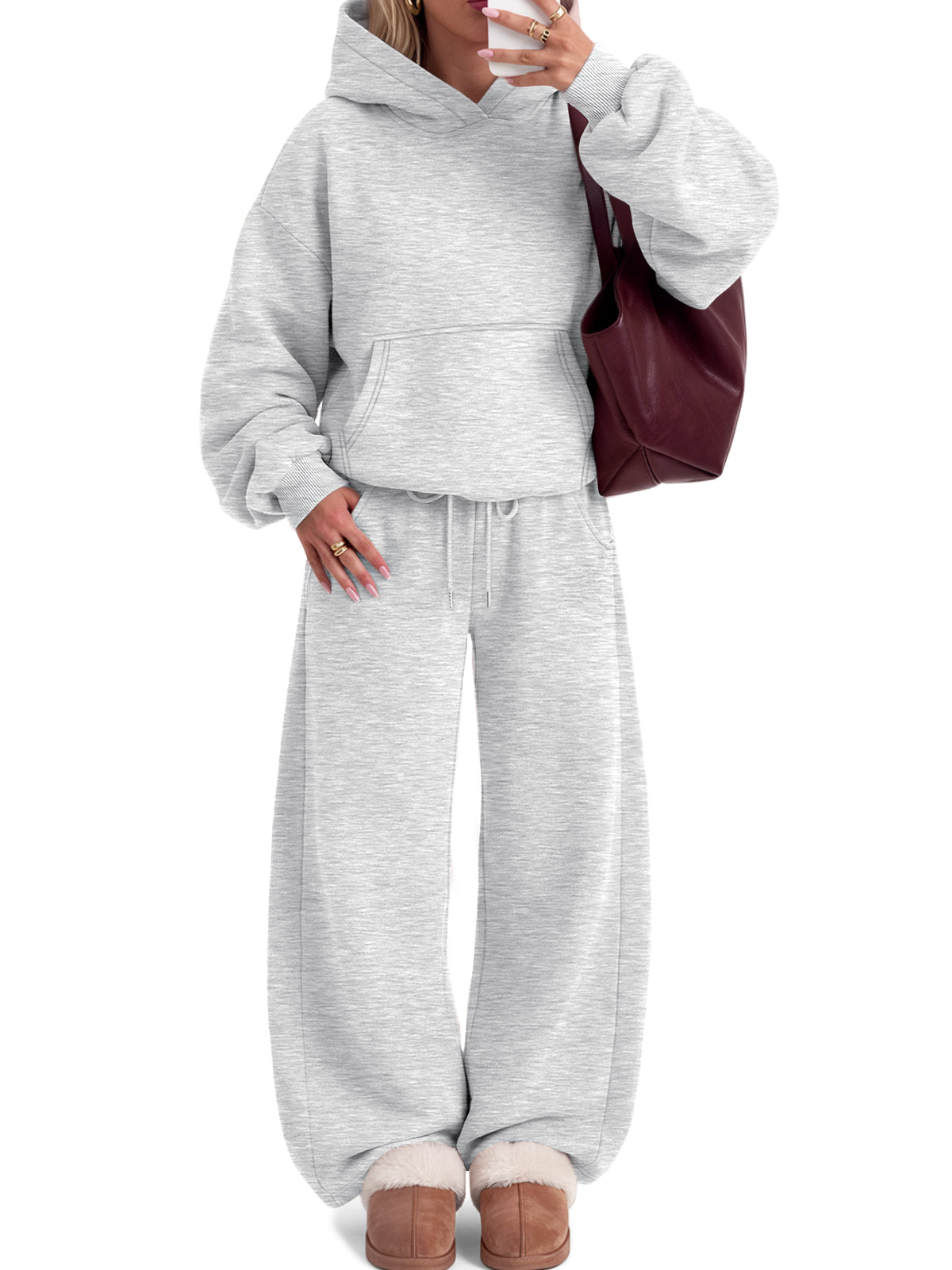 Trendy Queen Womens Sweat Set 2 Piece Sweatsuit 2026 Fall Tracksuit | Soft Fleece Interior,Chic Oversized Fit,Flattering Wide Leg Silhouette,Effortless Airport Style