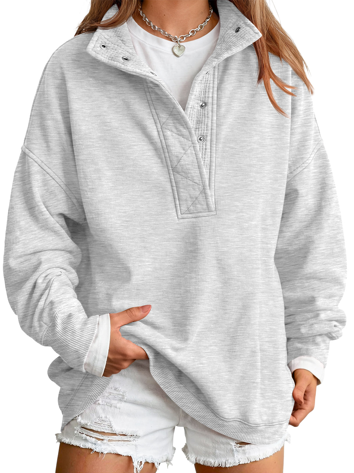 Trendy Queen Womens Oversized Sweatshirts with Snap Button Henley Collar | Soft Fleece Pullover Tops Fall Winter Clothes 2026 Cute Fashion Outfits