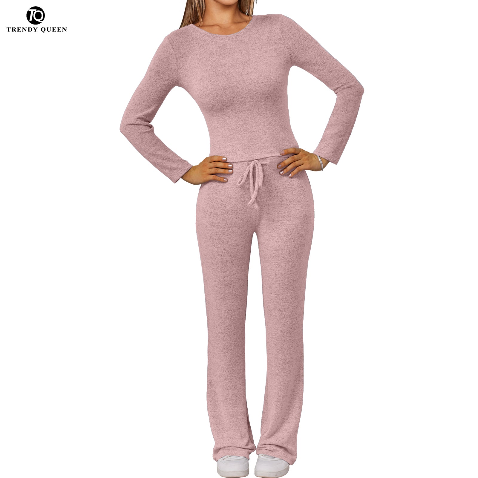 Trend Queen Women's Textured Mélange Set - Long Sleeve Top & Lounge Pants