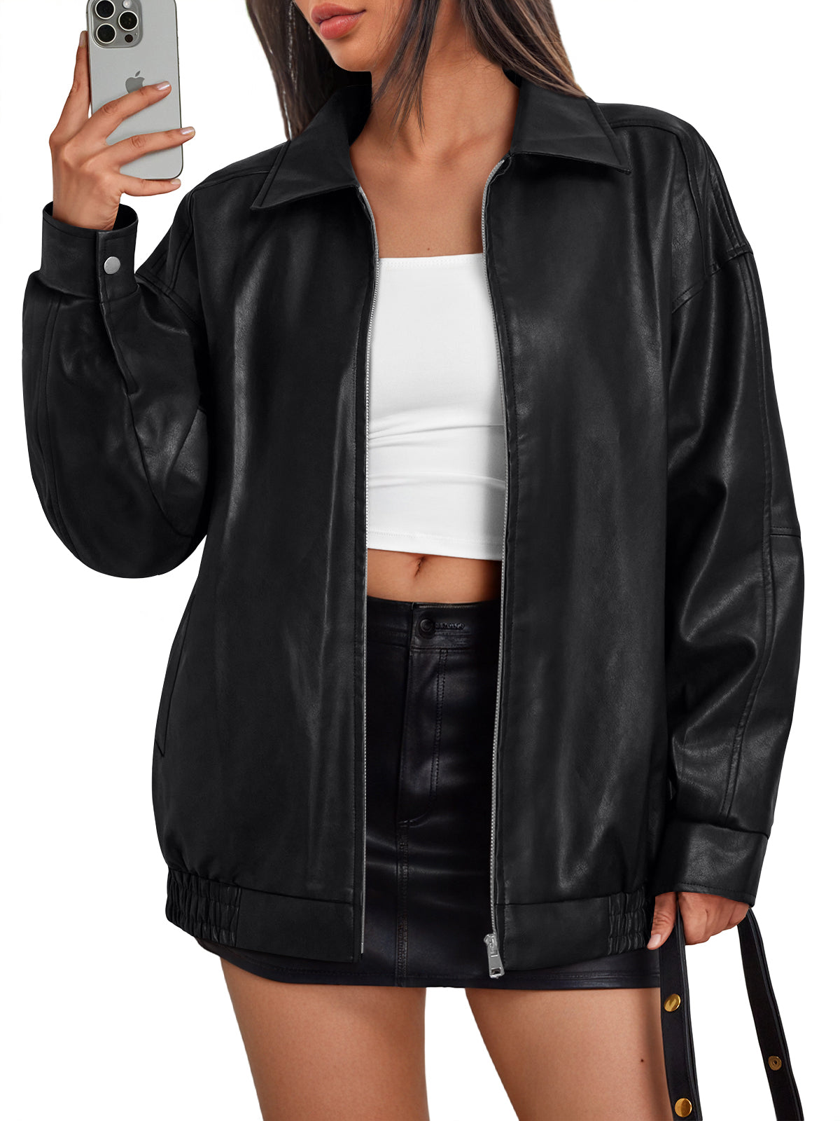 Trendy Queen Womens Oversized Leather Jacket Moto Bomber Coat Fall&Winter Spring Jacket Boyfriend Fall Clothes Going Out Fashion Concert Party Coat Travel Airport Winter Outfits