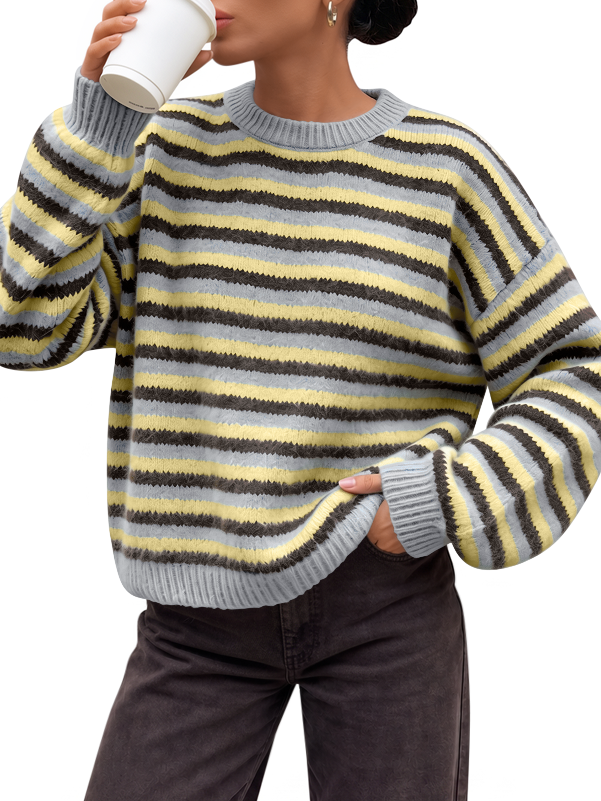 Trendy Queen Women Striped Oversized Sweaters Fall Knit Cute Winter Outfits Long Sleeve, Cozy Comfy Knitted, Trendy Y2K, Crew Neck, Pullover, 2026 Teacher Clothes New on Amazon in past month