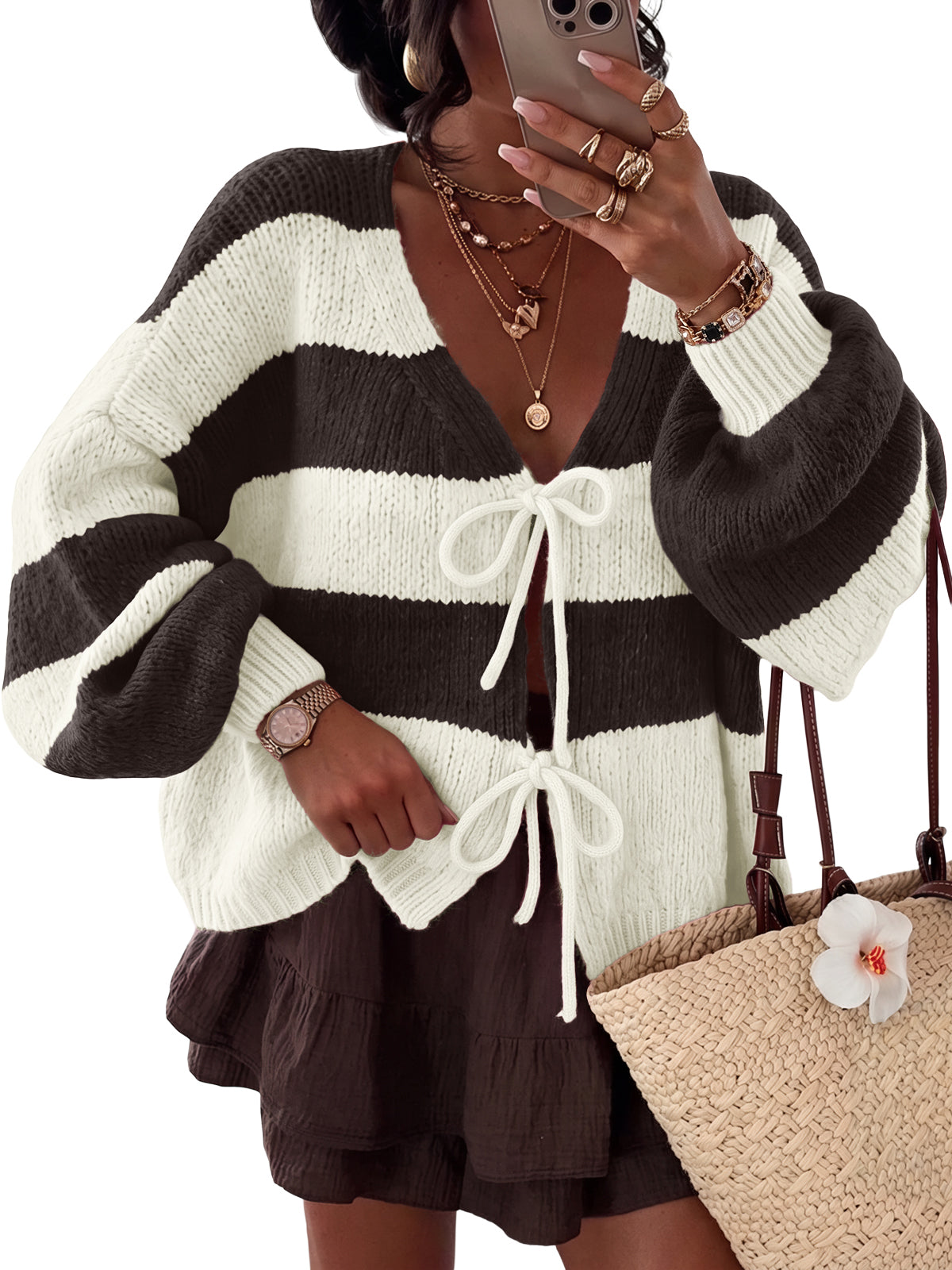 Trendy Queen Womens Oversized Striped Cardigan Sweaters Chunky Fall Outfits Tie Front, Bow, Fashion Y2K, V Neck, Long Sleeve, Comfy Stretchy, Cozy Winter Clothes, 2026 Cute Outerwear