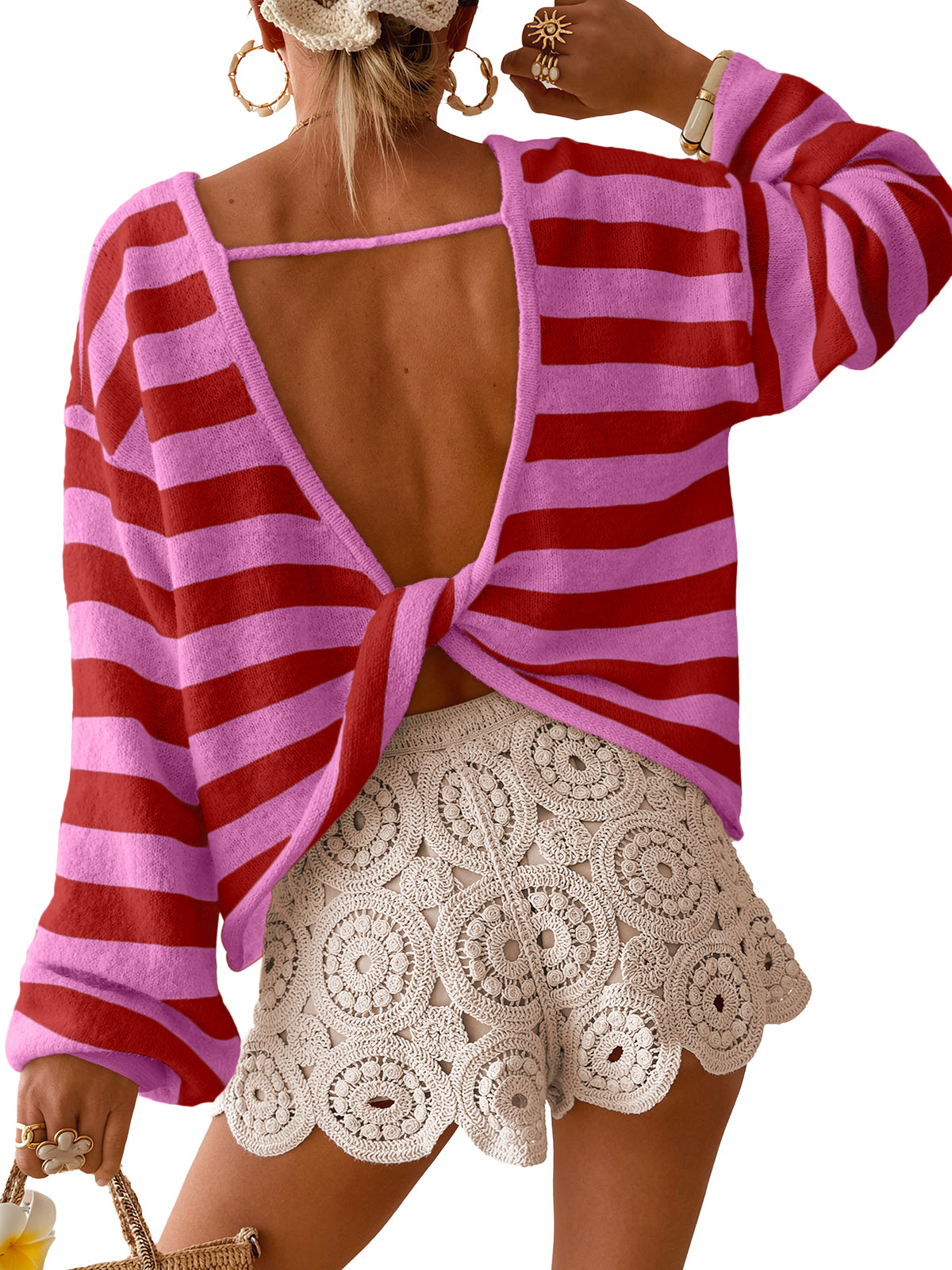 Trendy Queen Womens Striped Open Back Sweater 2026 Fall Fashion Sexy Outfit Comfy Slouchy Going Out Style, Deep V Twist Knot, Cute Soft Knit Pullover, Date Night Look, Versatile Casual Daily Wear
