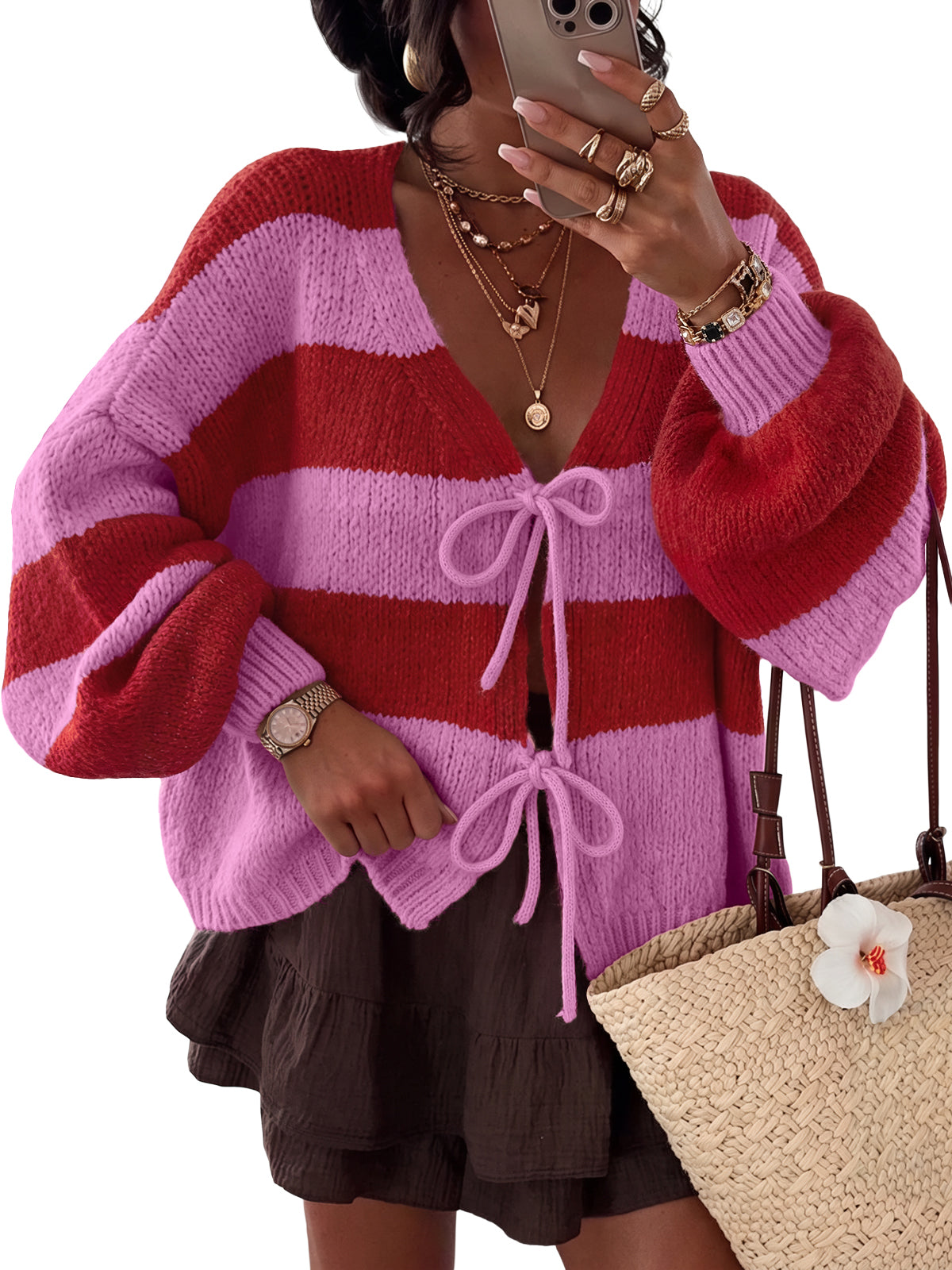 Trendy Queen Womens Oversized Striped Cardigan Sweaters Chunky Fall Outfits Tie Front, Bow, Fashion Y2K, V Neck, Long Sleeve, Comfy Stretchy, Cozy Winter Clothes, 2026 Cute Outerwear