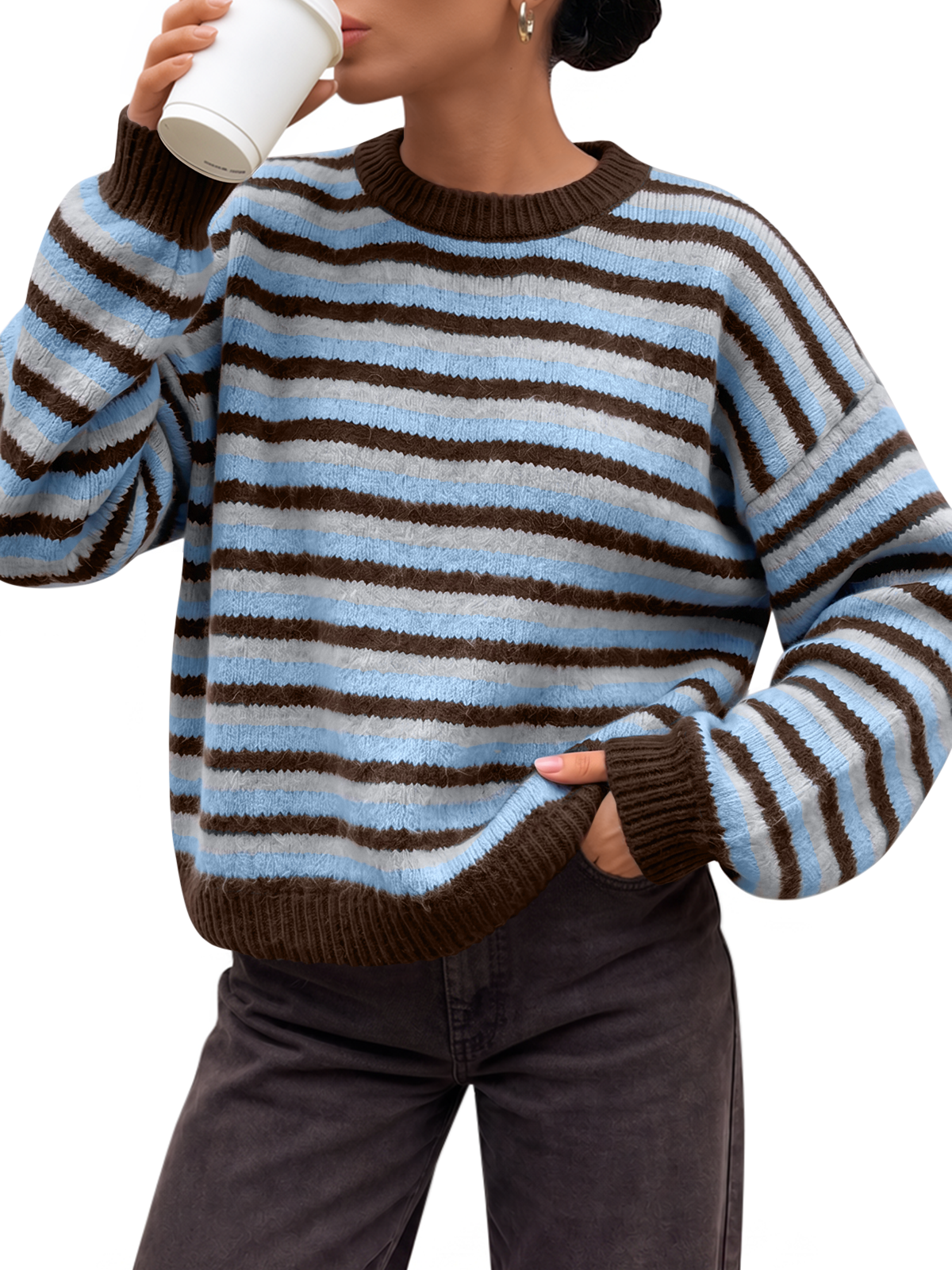 Trendy Queen Women Striped Oversized Sweaters Fall Knit Cute Winter Outfits Long Sleeve, Cozy Comfy Knitted, Trendy Y2K, Crew Neck, Pullover, 2026 Teacher Clothes New on Amazon in past month