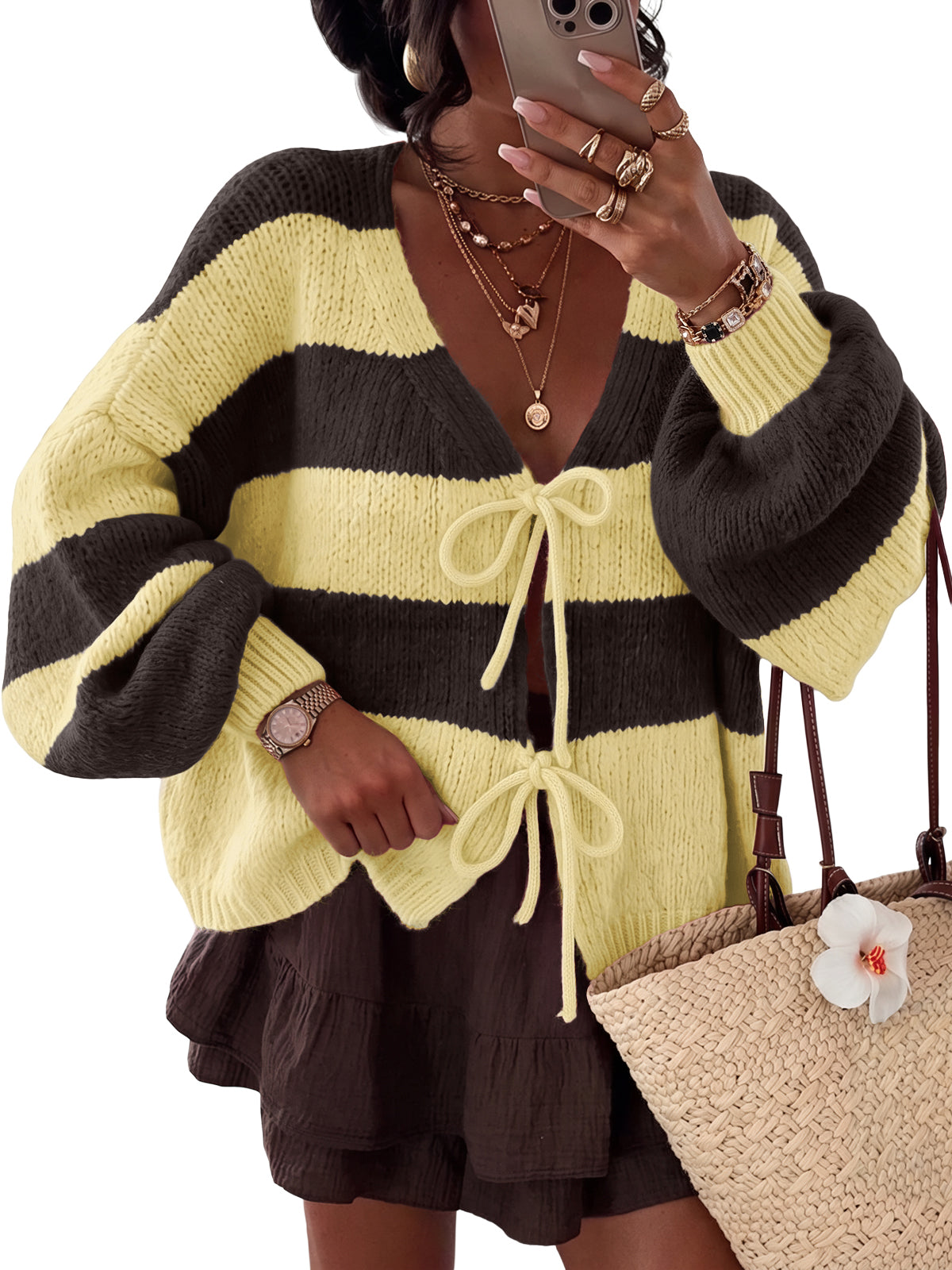 Trendy Queen Womens Oversized Striped Cardigan Sweaters Chunky Fall Outfits Tie Front, Bow, Fashion Y2K, V Neck, Long Sleeve, Comfy Stretchy, Cozy Winter Clothes, 2026 Cute Outerwear