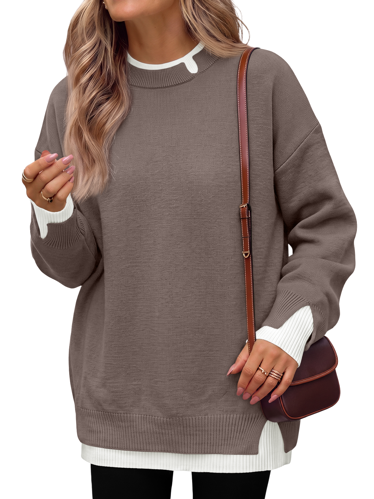 Trendy Queen Womens Oversized Sweaters 2026 Fall Fashion Teacher Outfits Patchwork Comfy Knit Long Sleeve Tunic Pullover, Cozy Trendy Cute Clothes, Ladies Layered Chic Warm Winter Clothing
